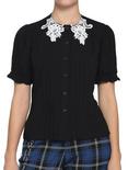 Black & White Lace Collar Girls Woven Button-Up, BLACK, hi-res