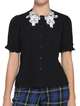 Black & White Lace Collar Girls Woven Button-Up, , hi-res