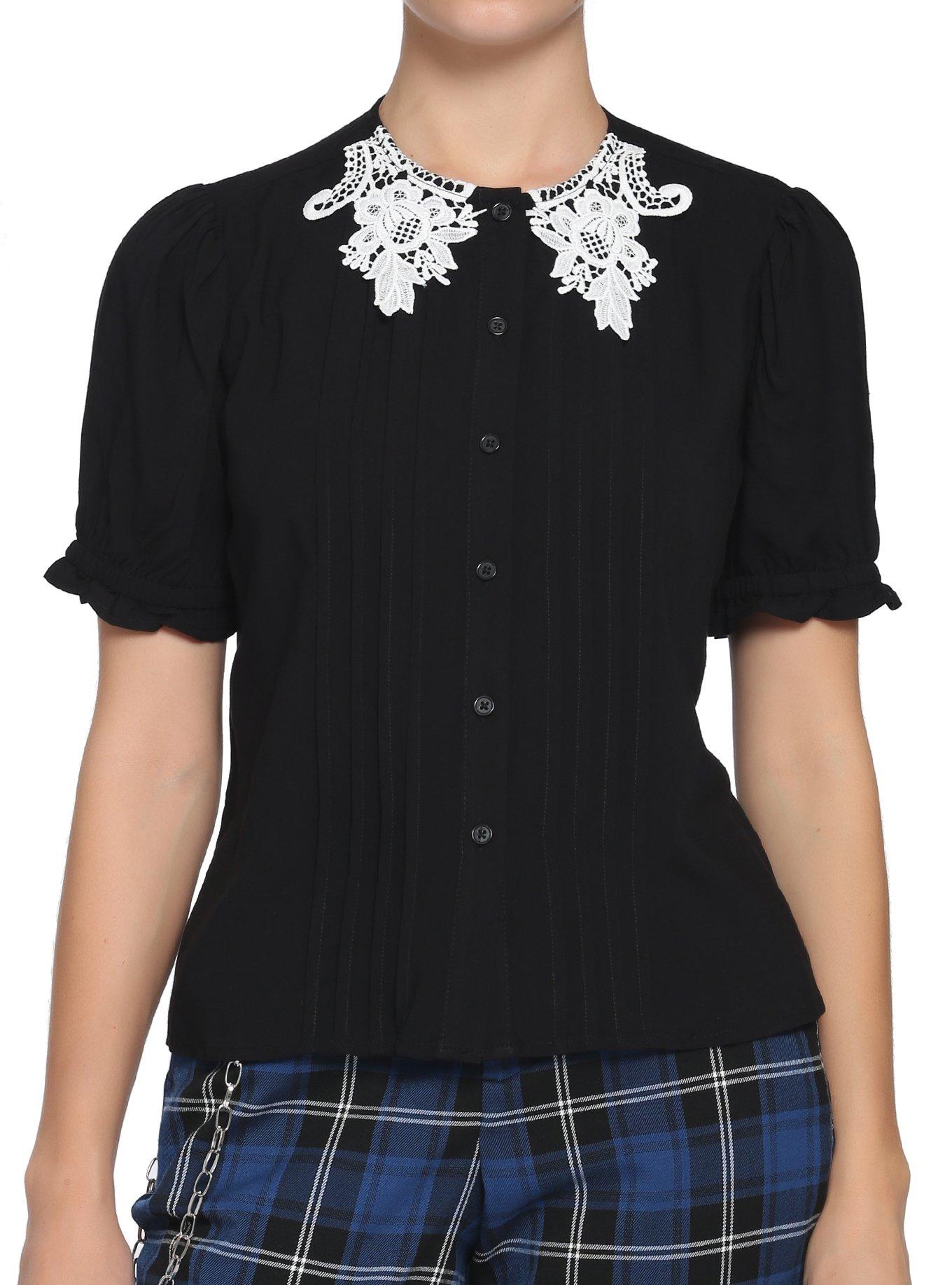 Black & White Lace Collar Girls Woven Button-Up, BLACK, hi-res