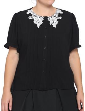 Black & White Lace Collar Girls Woven Button-Up Plus Size, , hi-res