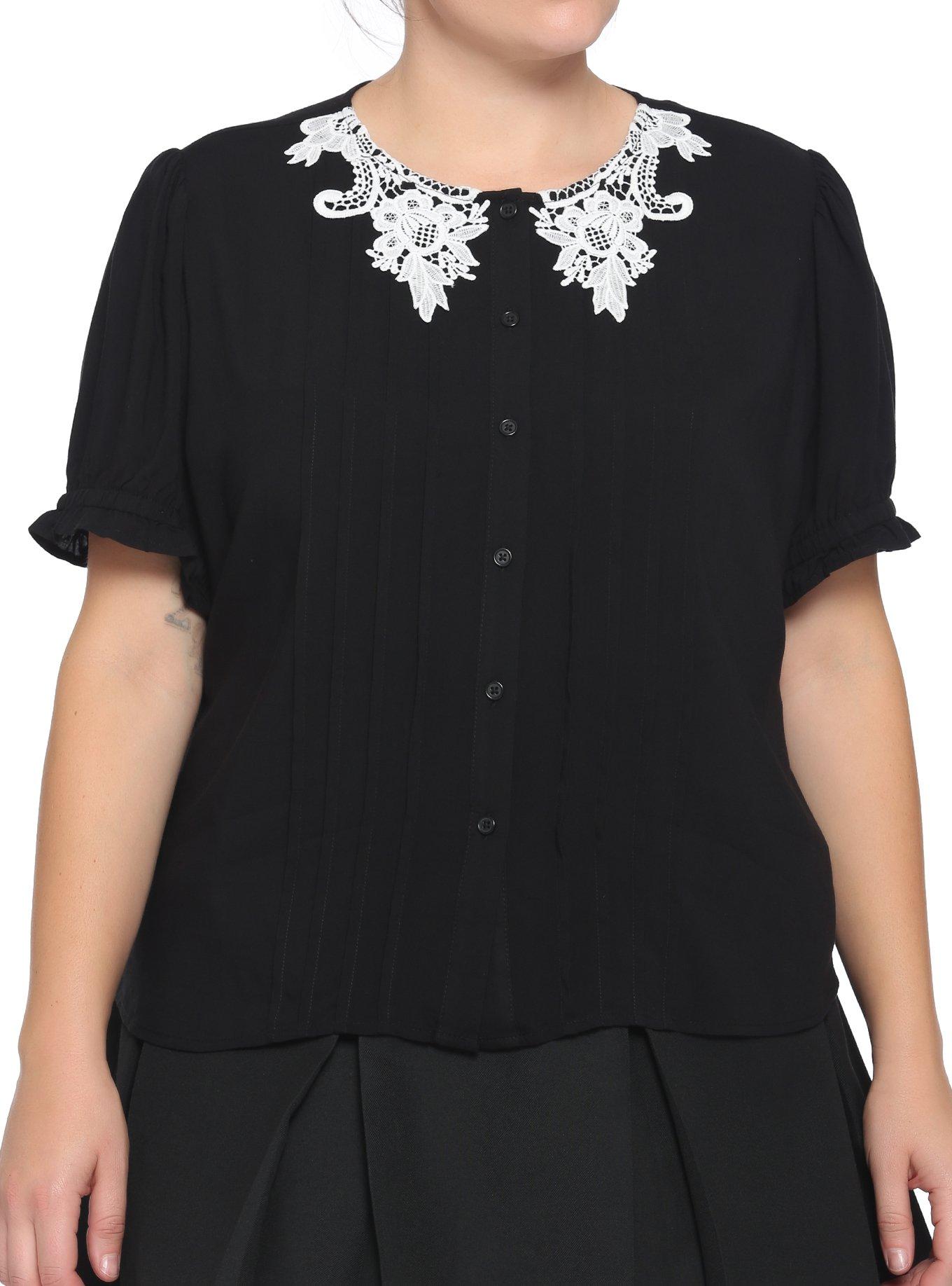 Black & White Lace Collar Girls Woven Button-Up Plus Size, BLACK, hi-res