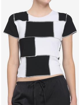 Black & White Patchwork Contrast Stitch Girls Crop T-Shirt, , hi-res