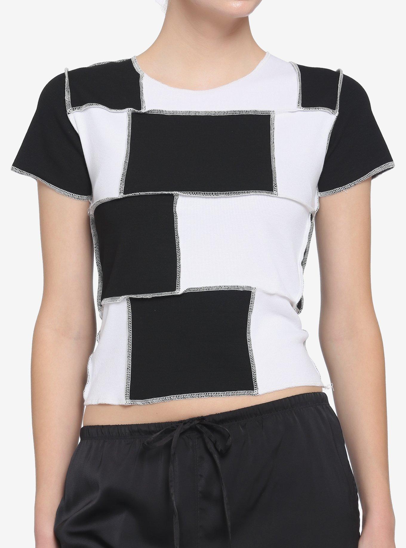 Black & White Patchwork Contrast Stitch Girls Crop T-Shirt, MULTI, hi-res