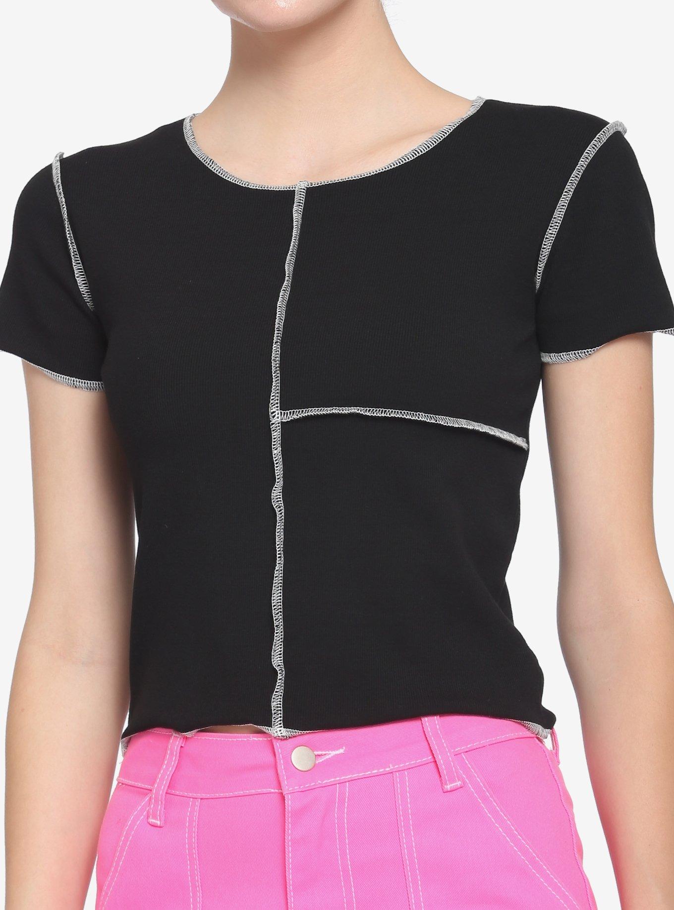 Black & White Contrast Stitch Girls Crop T-Shirt, MULTI, hi-res