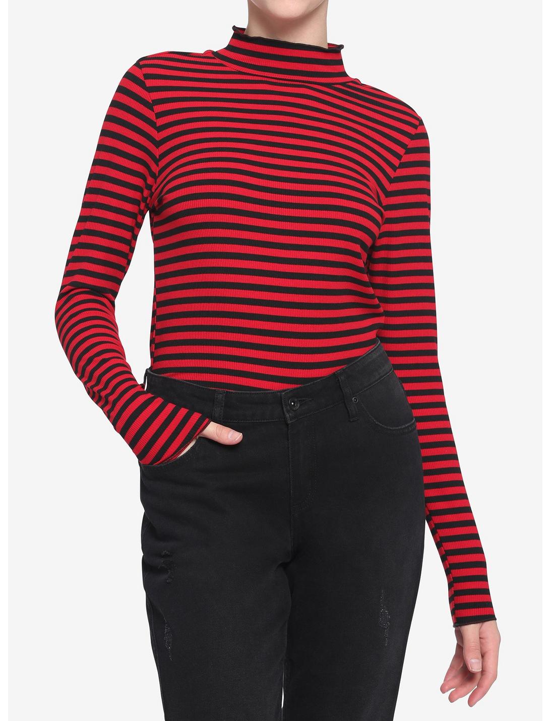 Red & Black Stripe Mock Neck Girls Long-Sleeve Top, STRIPE - RED, hi-res