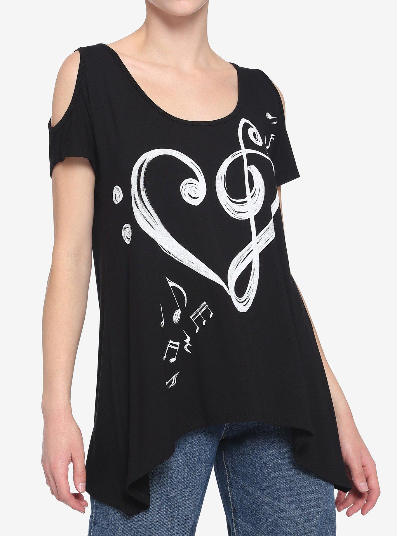 Music Notes & Clefs Cold Shoulder Girls Top, BLACK, hi-res