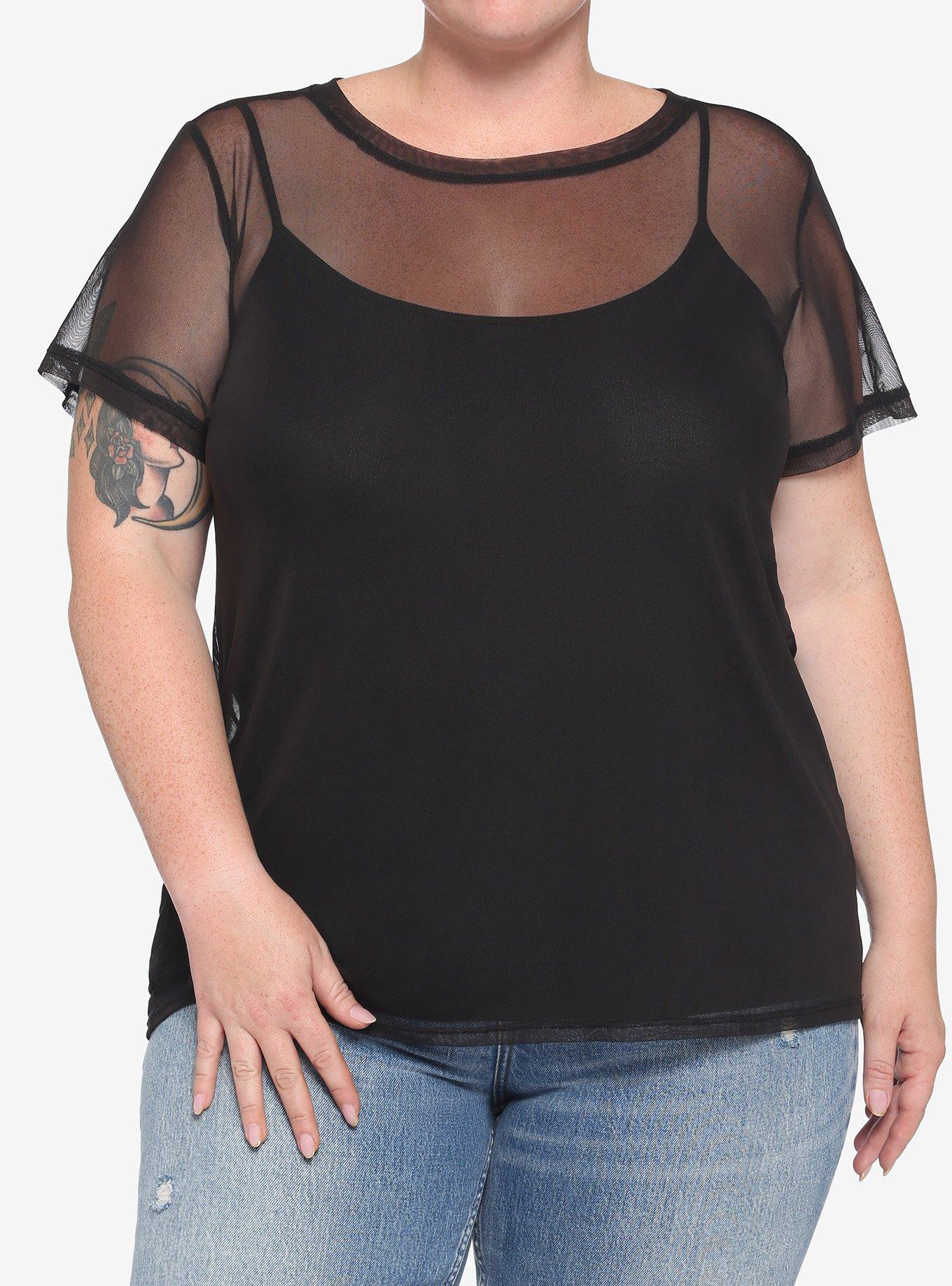 Black Mesh Girls Short-Sleeve Shirt Plus Size