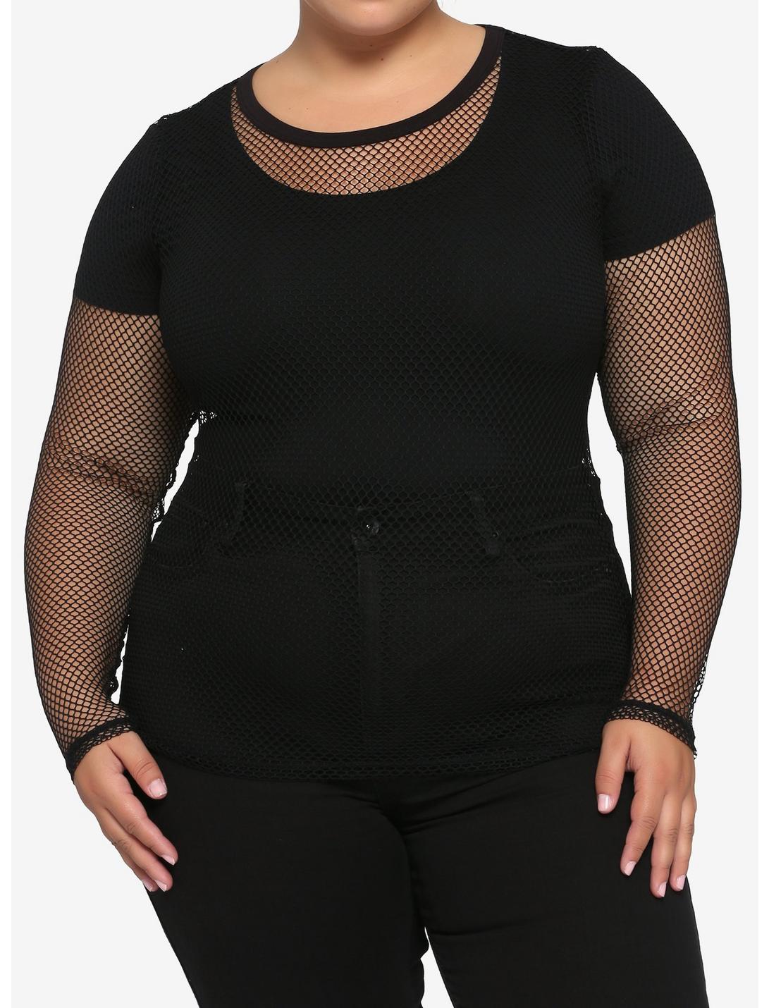 Black Fishnet Mesh Girls Long-Sleeve Top Plus Size, BLACK, hi-res