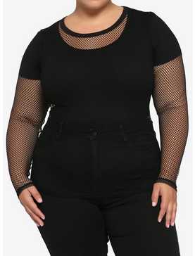 Black Fishnet Mesh Girls Long-Sleeve Top Plus Size, , hi-res