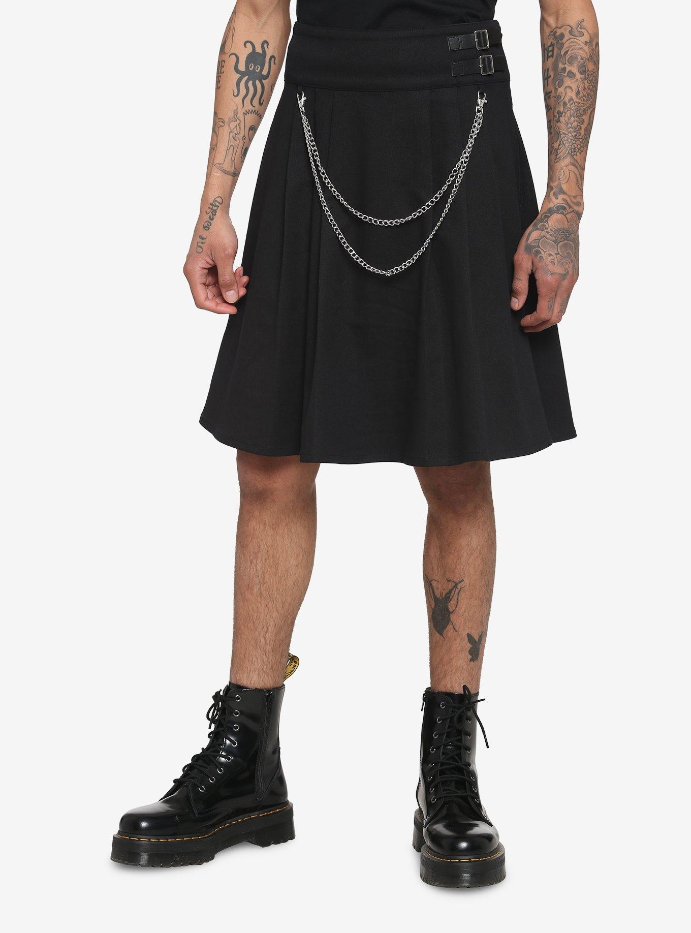 Black Double Chain Pleated Kilt, BLACK, hi-res