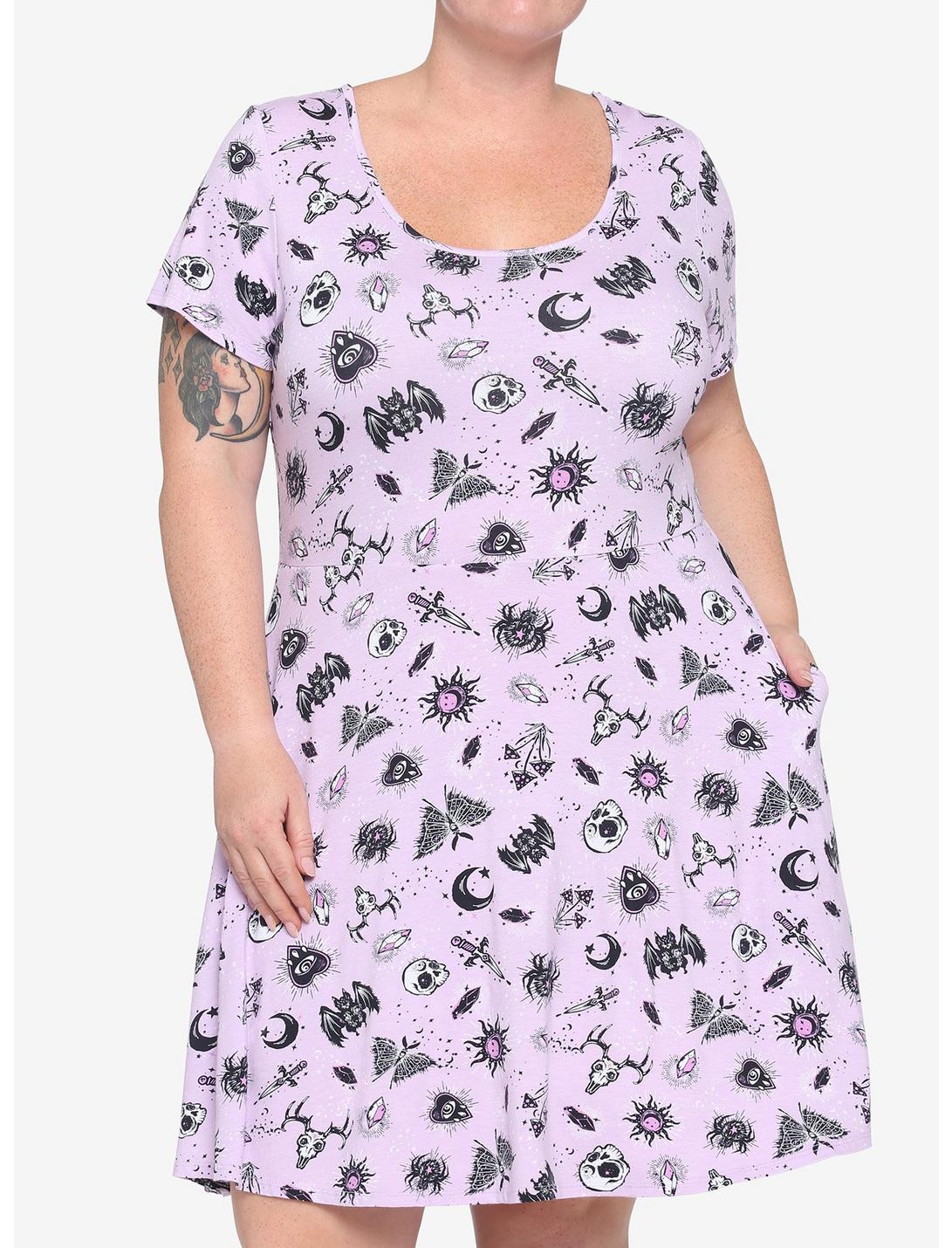 Lavender Witchy Sketch Icons Dress Plus Size, PINK, hi-res