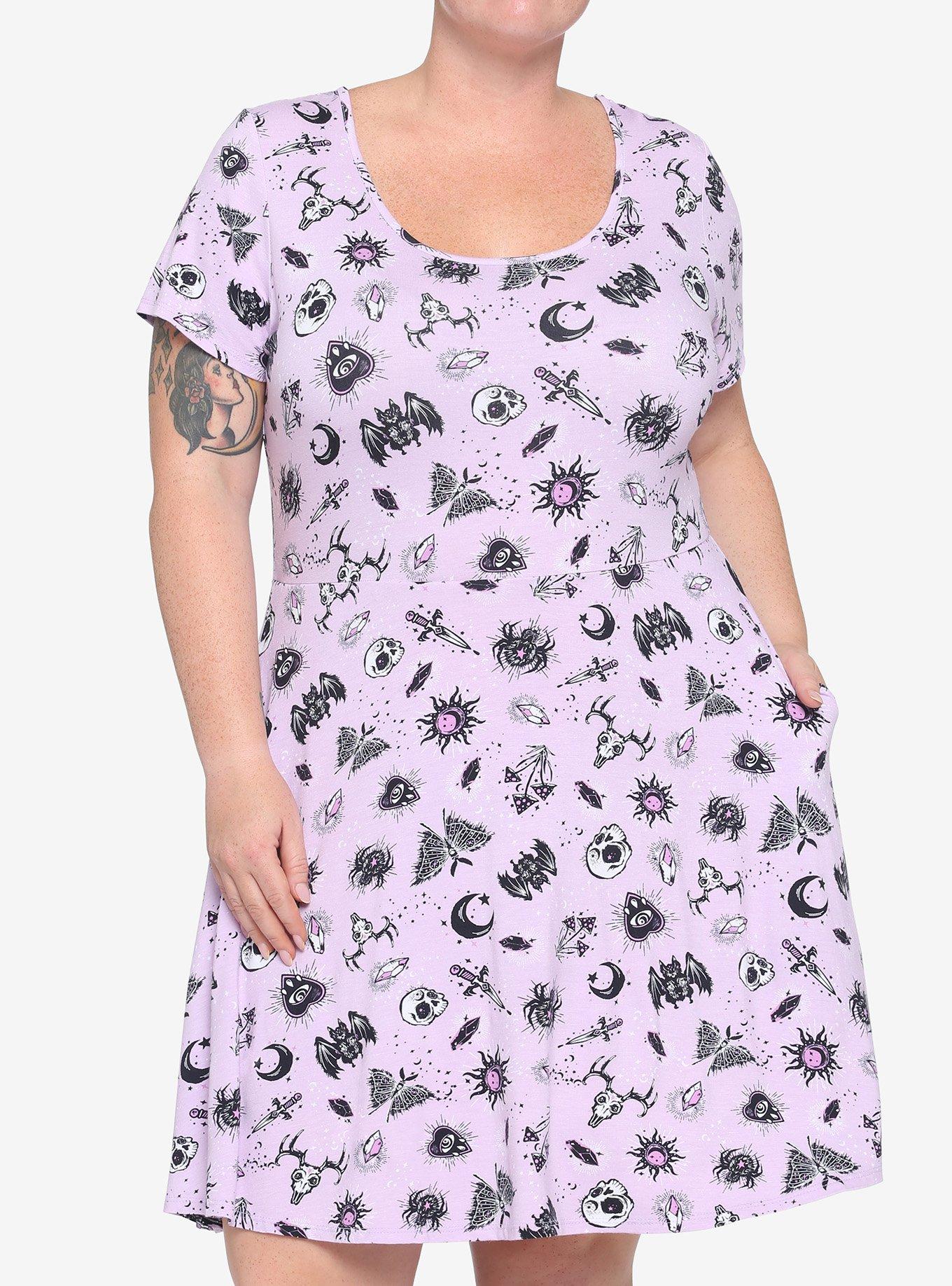 Lavender Witchy Sketch Icons Dress Plus Size, PINK, hi-res