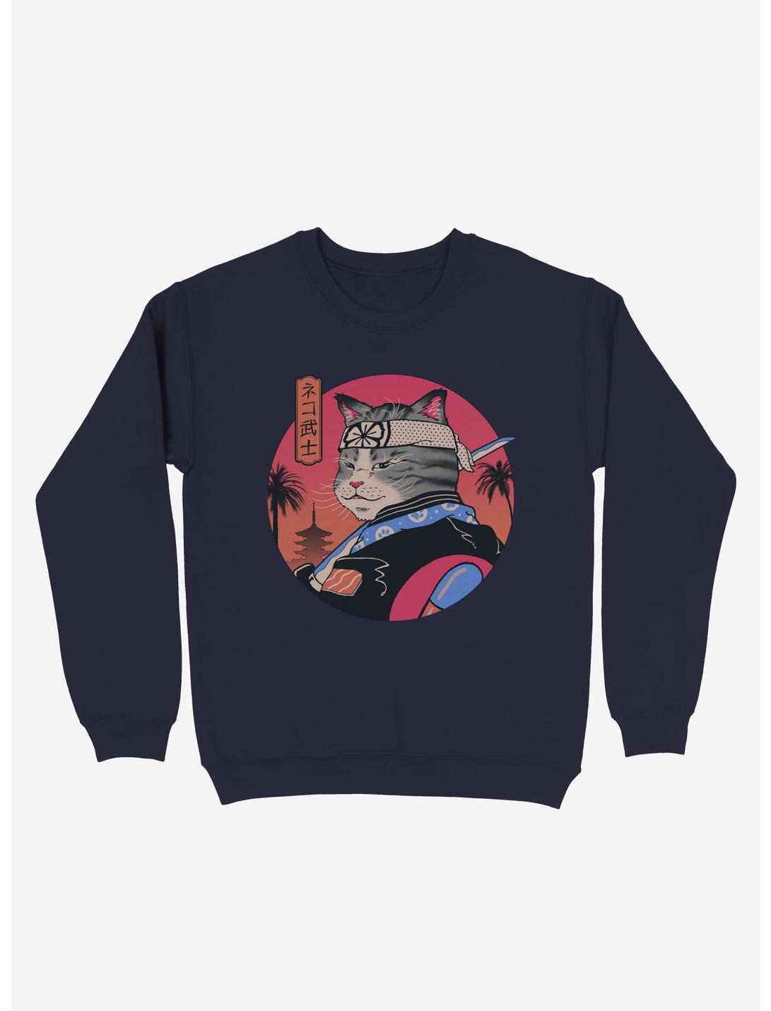 Samurai Cat Sweatshirt, NAVY, hi-res
