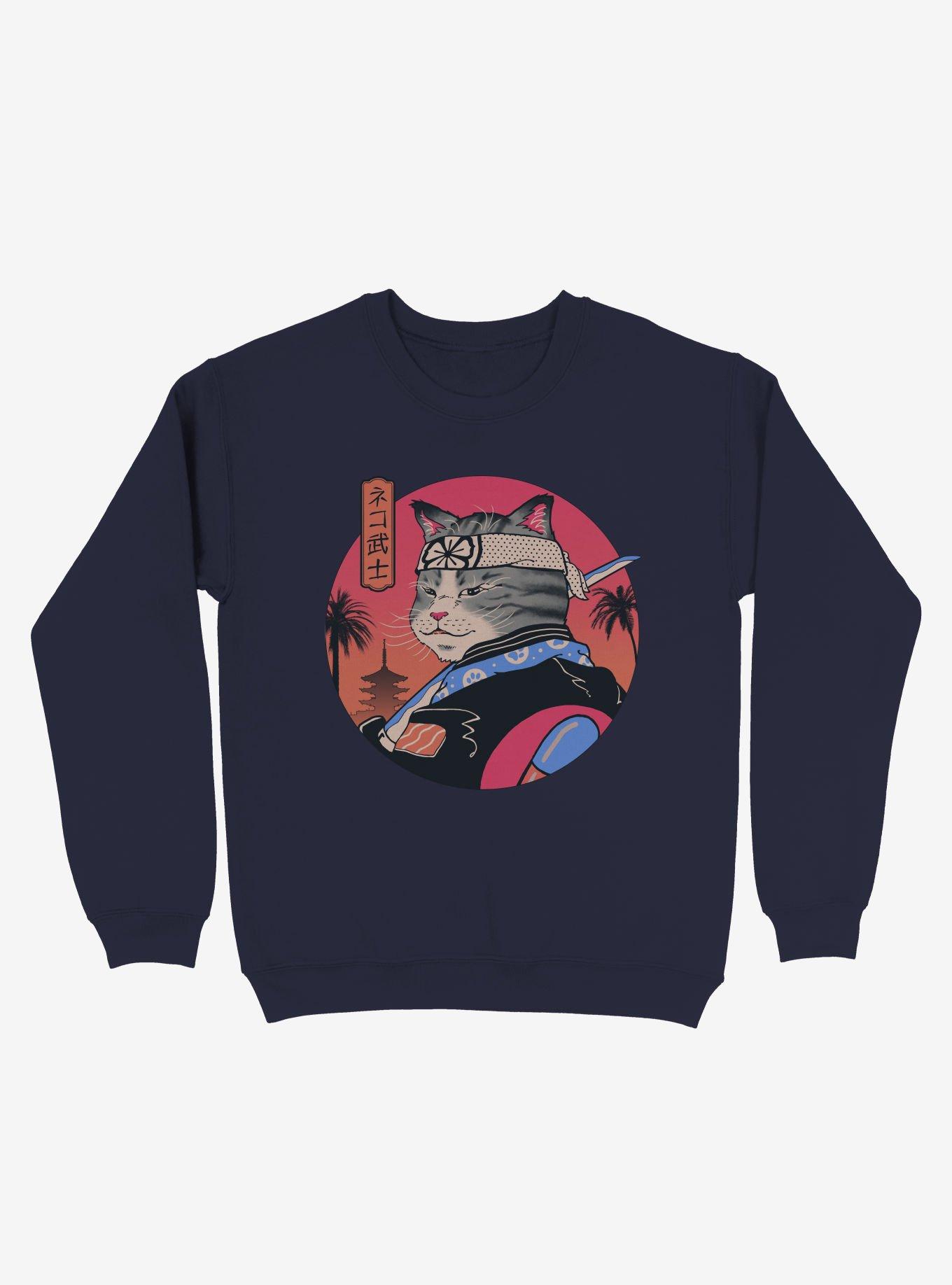 Samurai Cat Sweatshirt, NAVY, hi-res