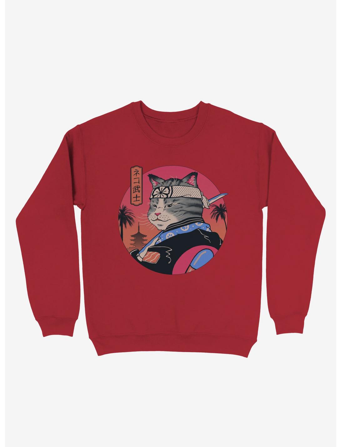 Samurai Cat Sweatshirt, RED, hi-res