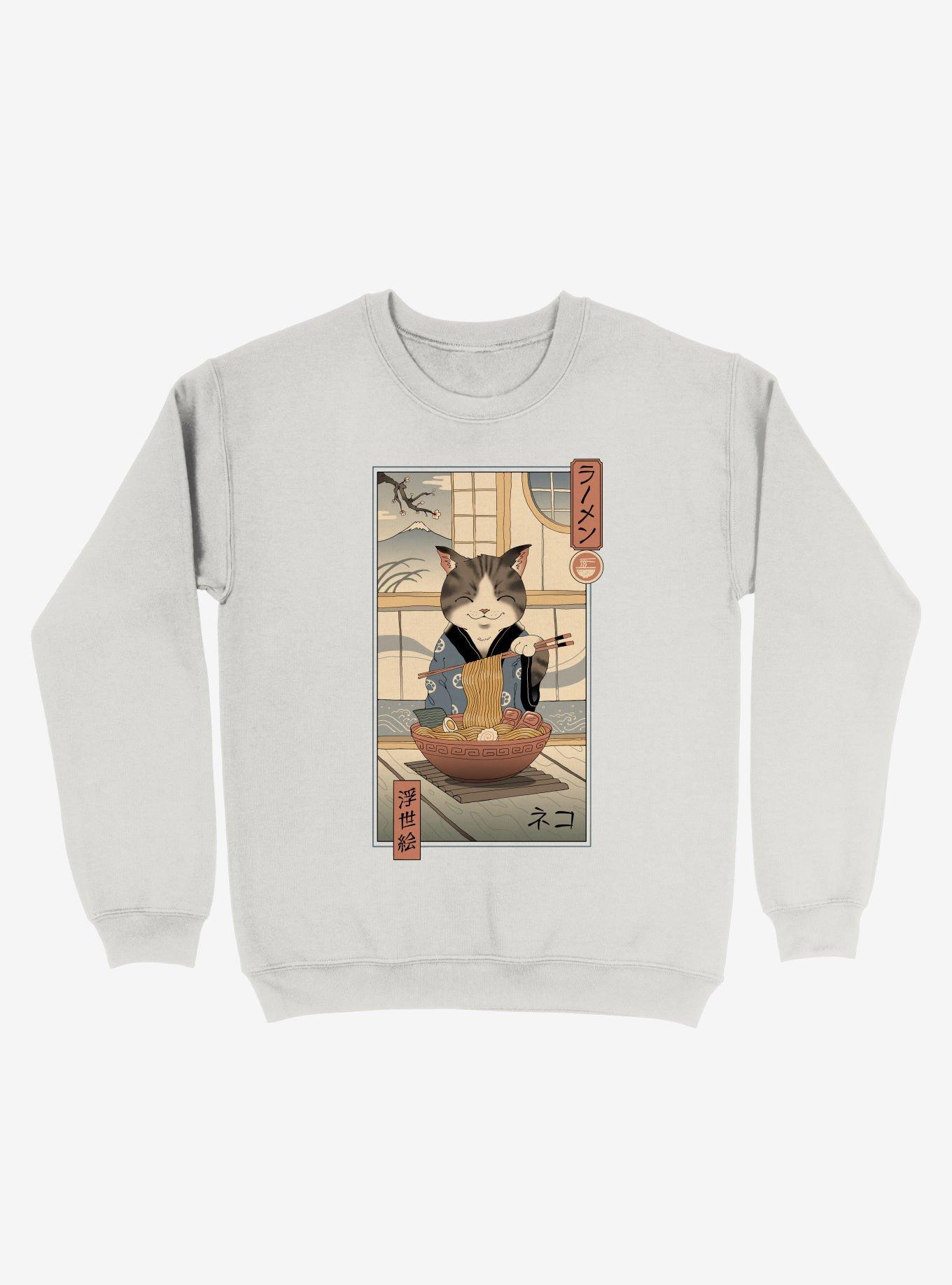 Neko Cat Ramen Ukiyo-e Sweatshirt, WHITE, hi-res