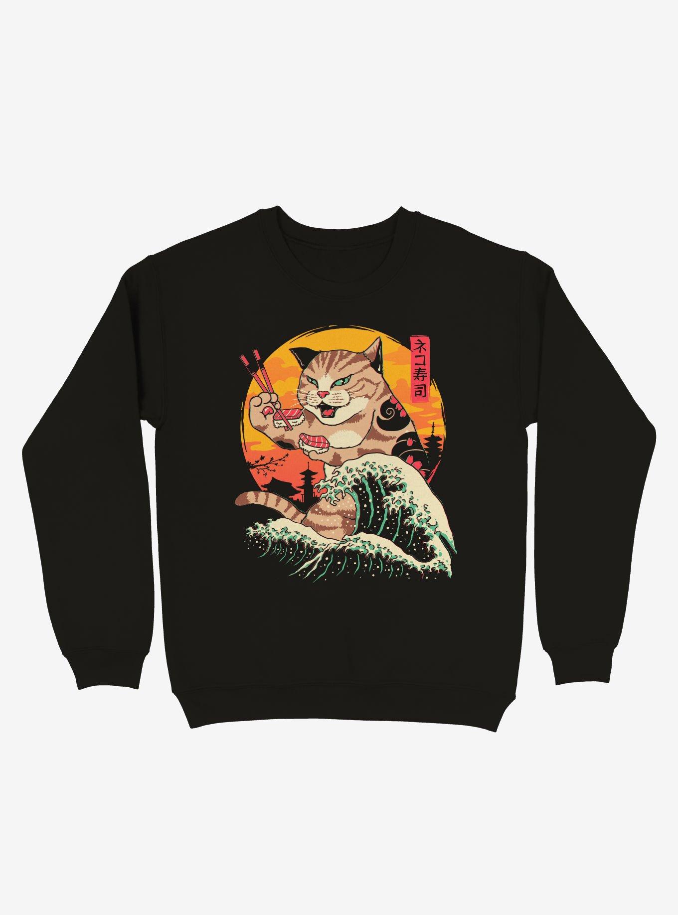 Neko Cat Sushi Wave Sweatshirt, BLACK, hi-res