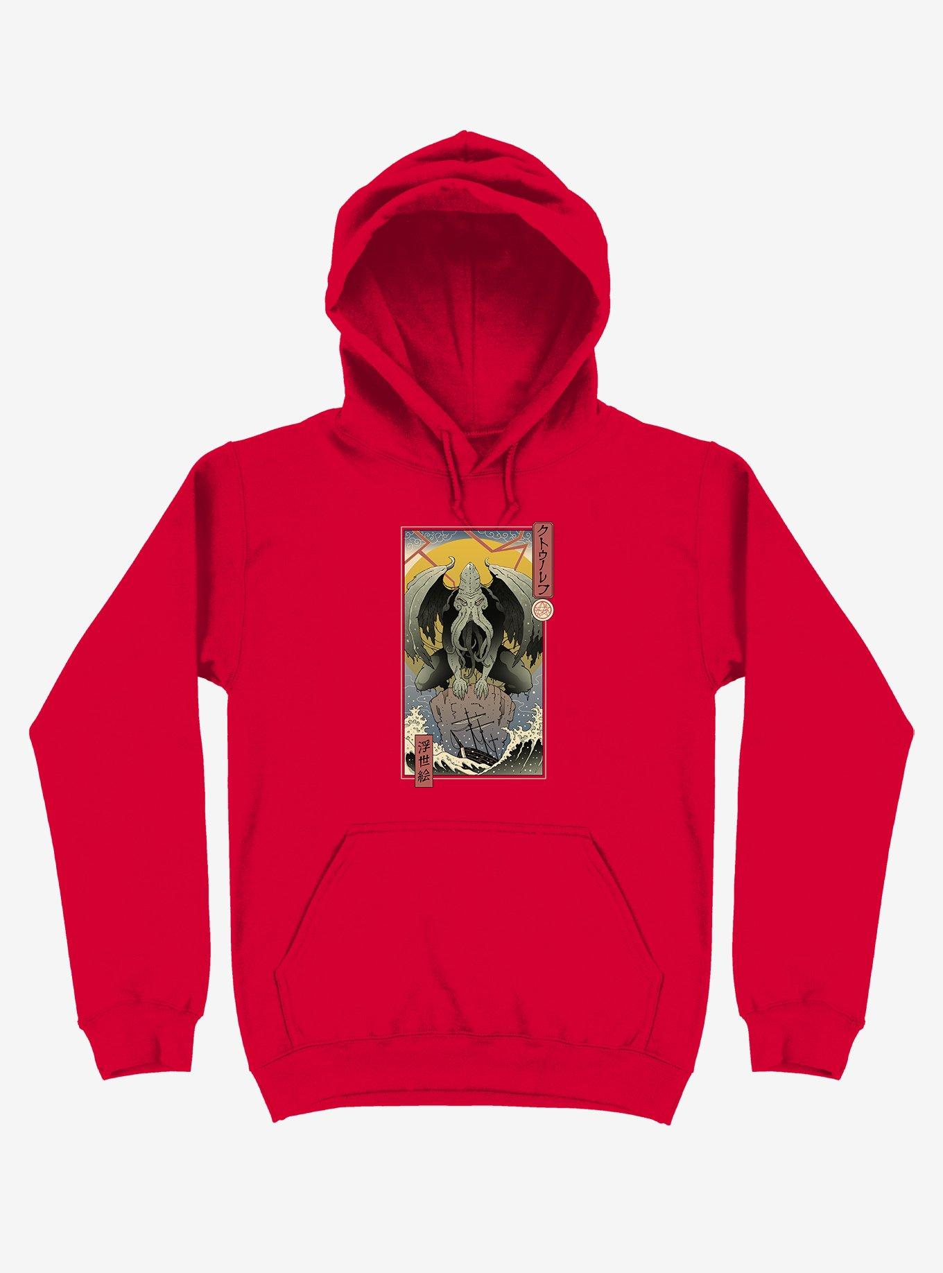 Ocean Cthulhu In Edo Red Hoodie, RED, hi-res