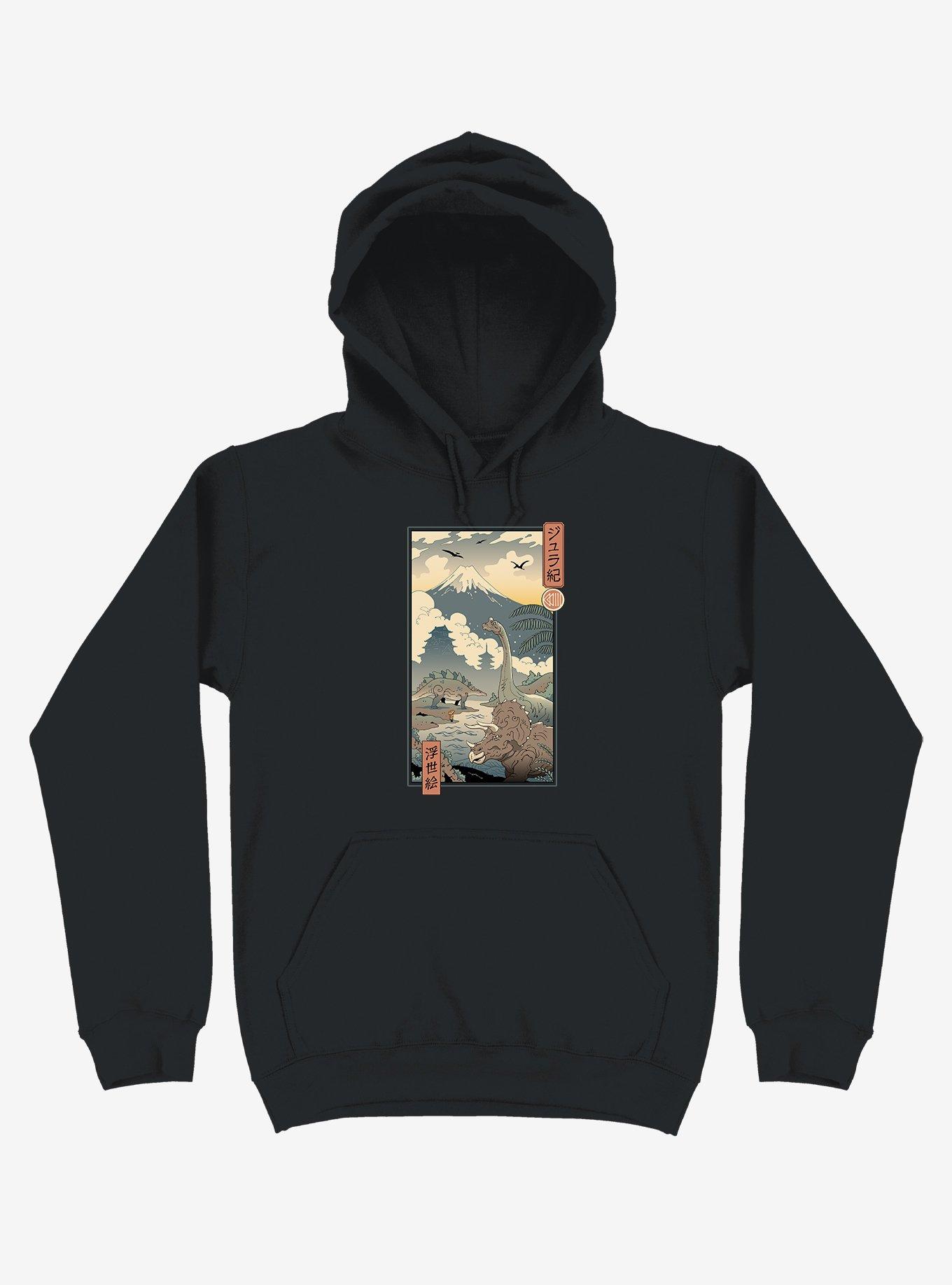 Dinosaurs Jurassic Ukiyo-e Black Hoodie, , hi-res