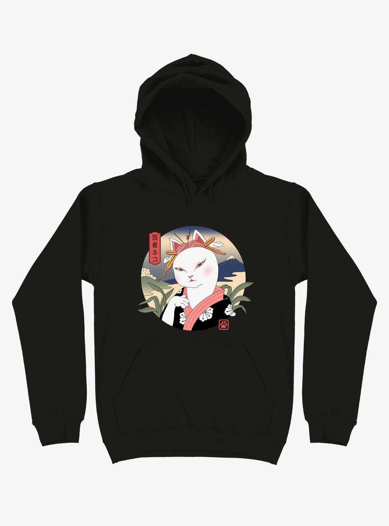 Cat Neko Geisha Black Hoodie, BLACK, hi-res