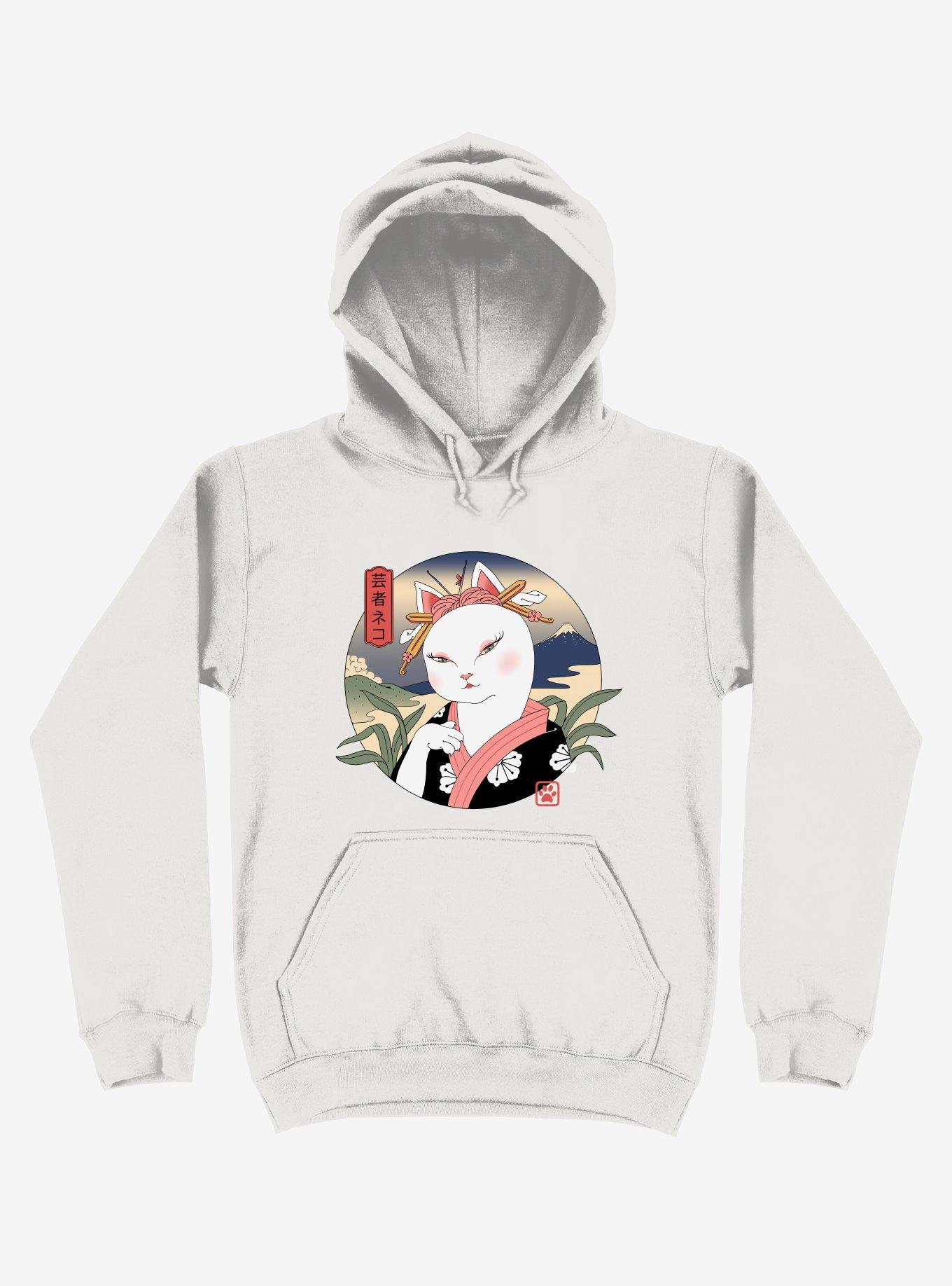 Cat Neko Geisha White Hoodie, WHITE, hi-res