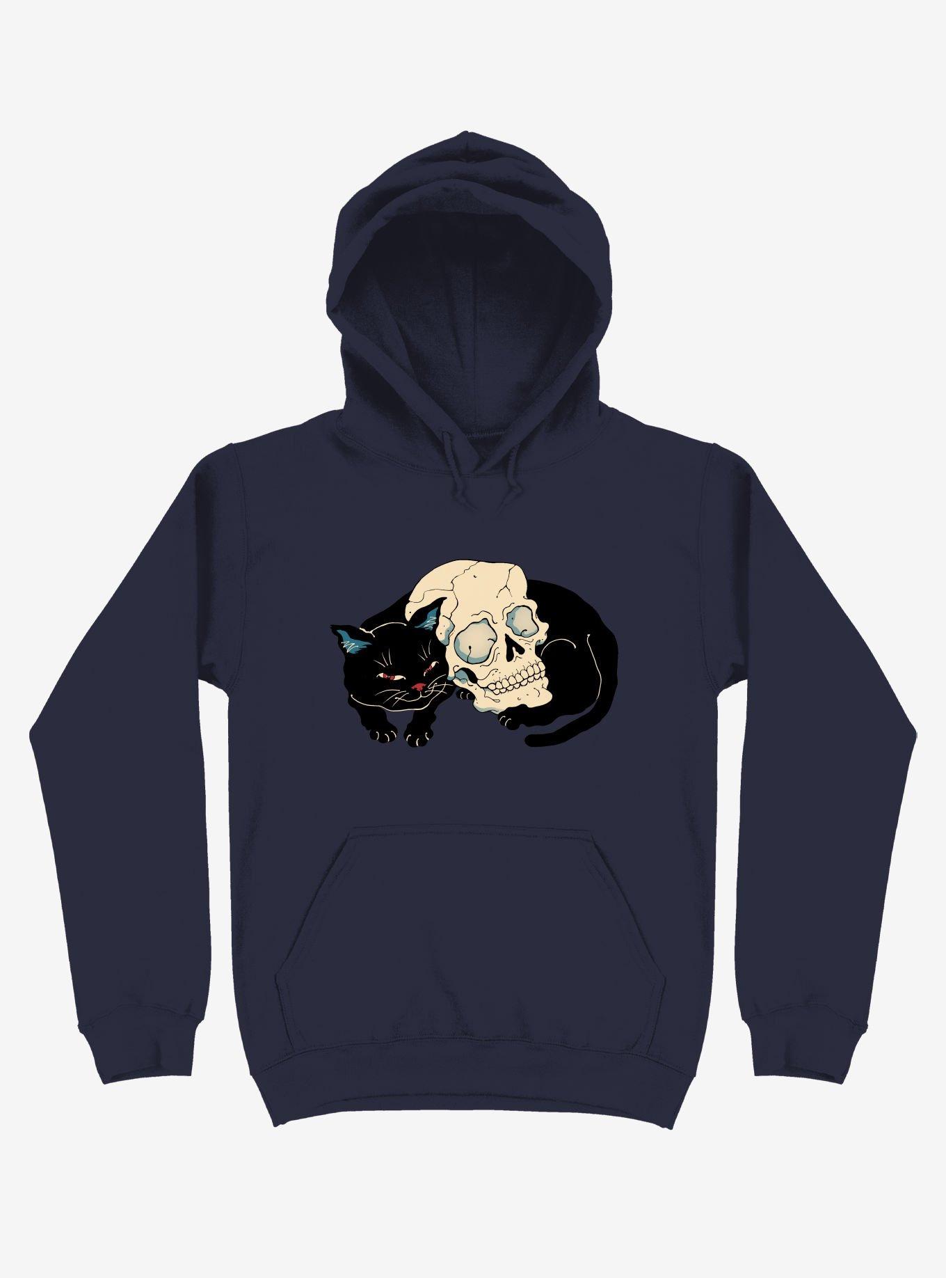 Cat Neko Skull Navy Blue Hoodie, NAVY, hi-res