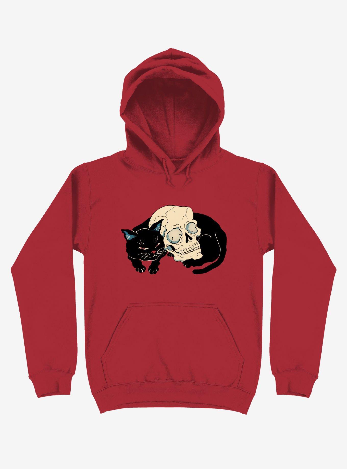 Cat Neko Skull Red Hoodie, RED, hi-res