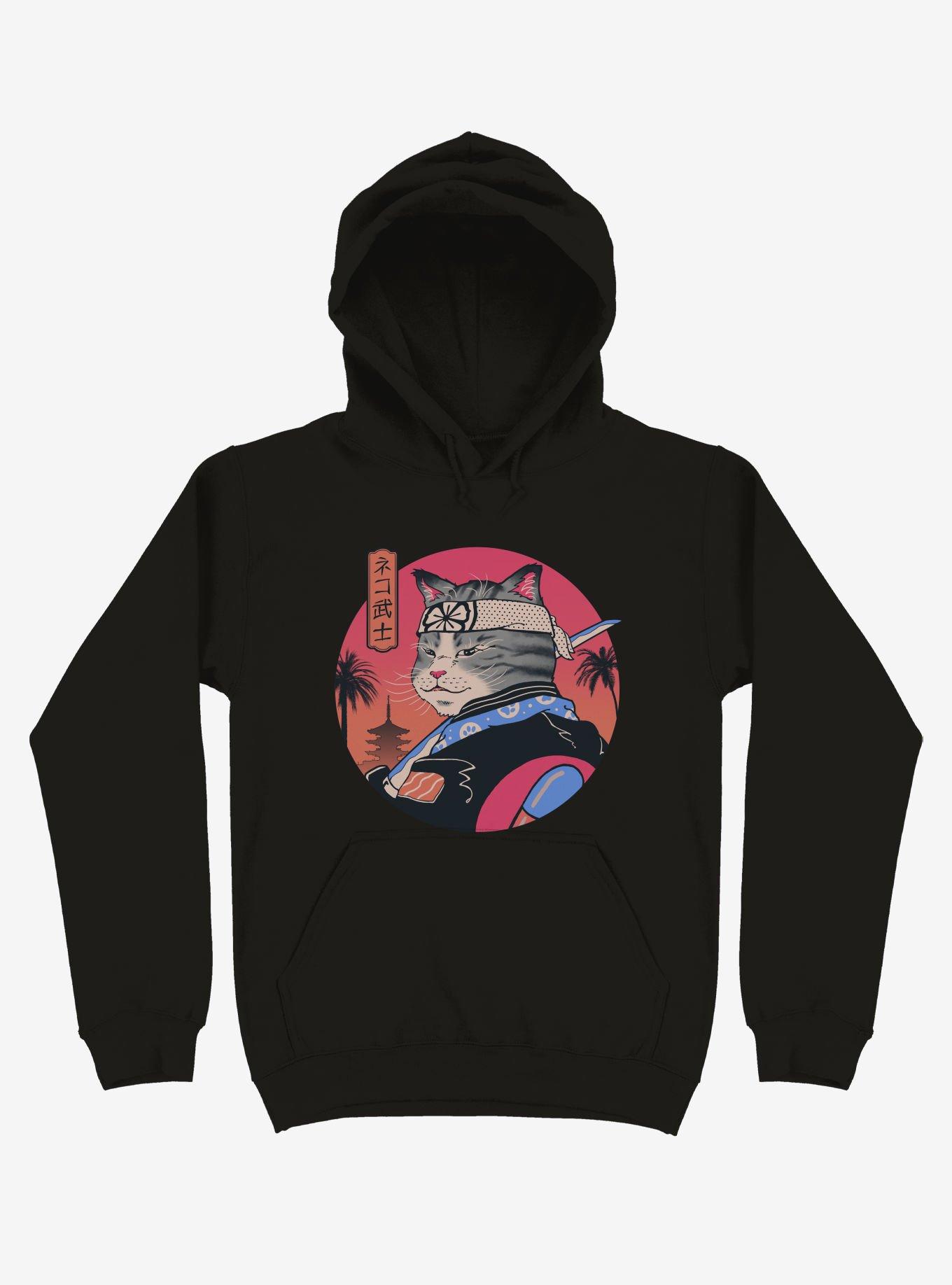 Samurai Cat Black Hoodie, BLACK, hi-res