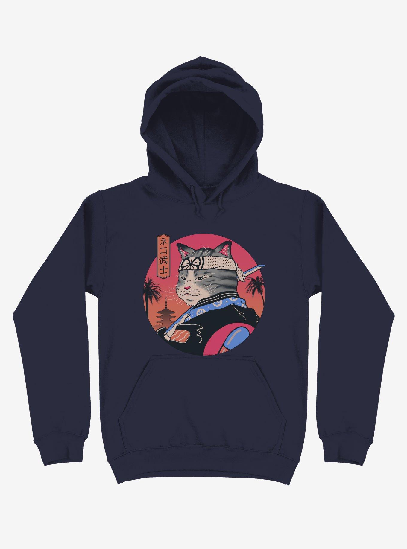 Samurai Cat Navy Blue Hoodie, NAVY, hi-res