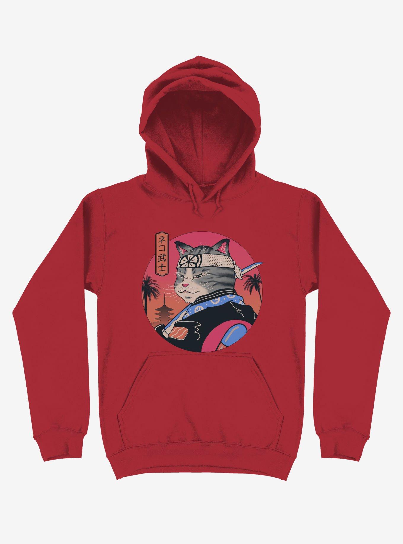 Samurai Cat Red Hoodie, RED, hi-res