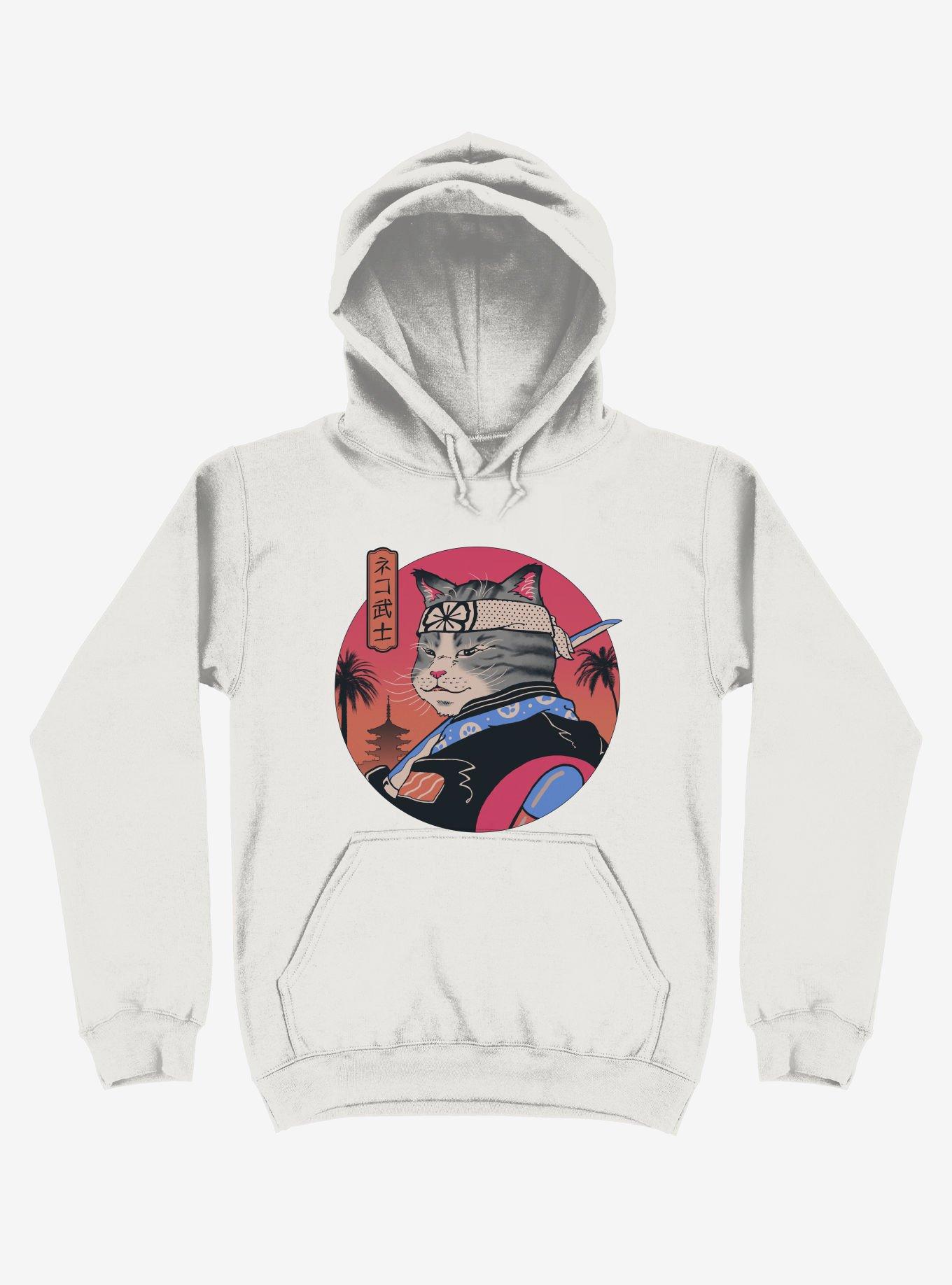 Samurai Cat White Hoodie, WHITE, hi-res