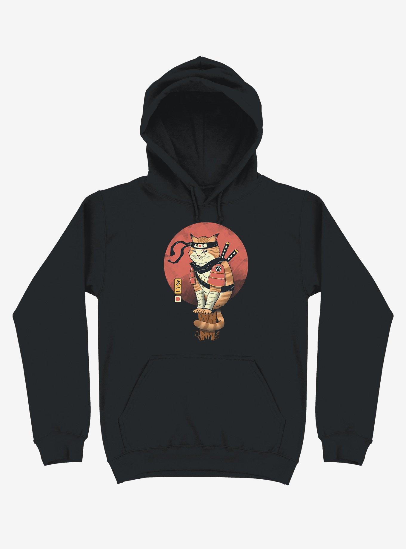 Orange Shinobi Cat Black Hoodie, BLACK, hi-res