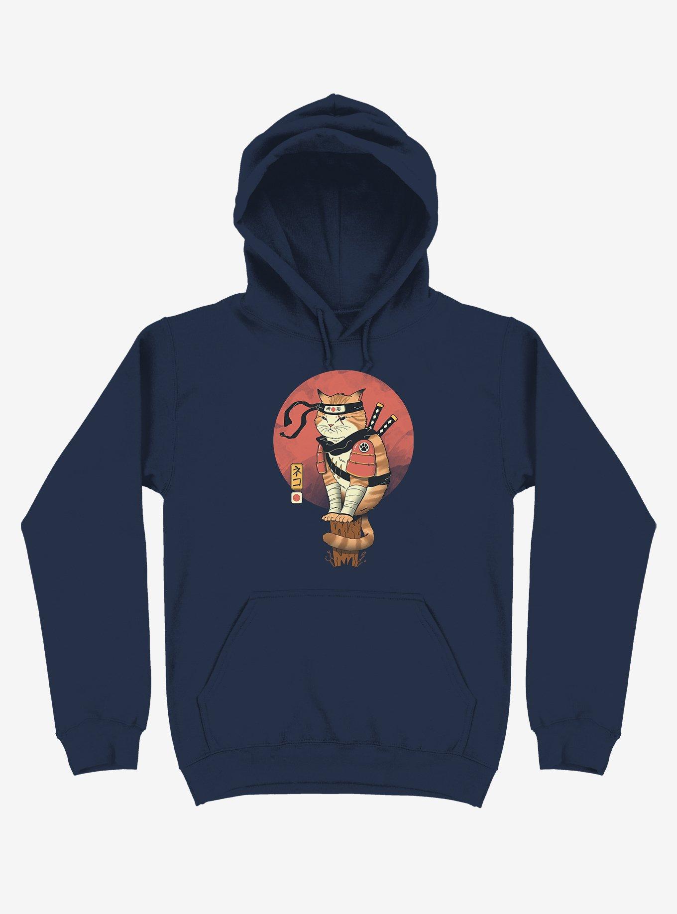 Orange Shinobi Cat Navy Blue Hoodie, NAVY, hi-res