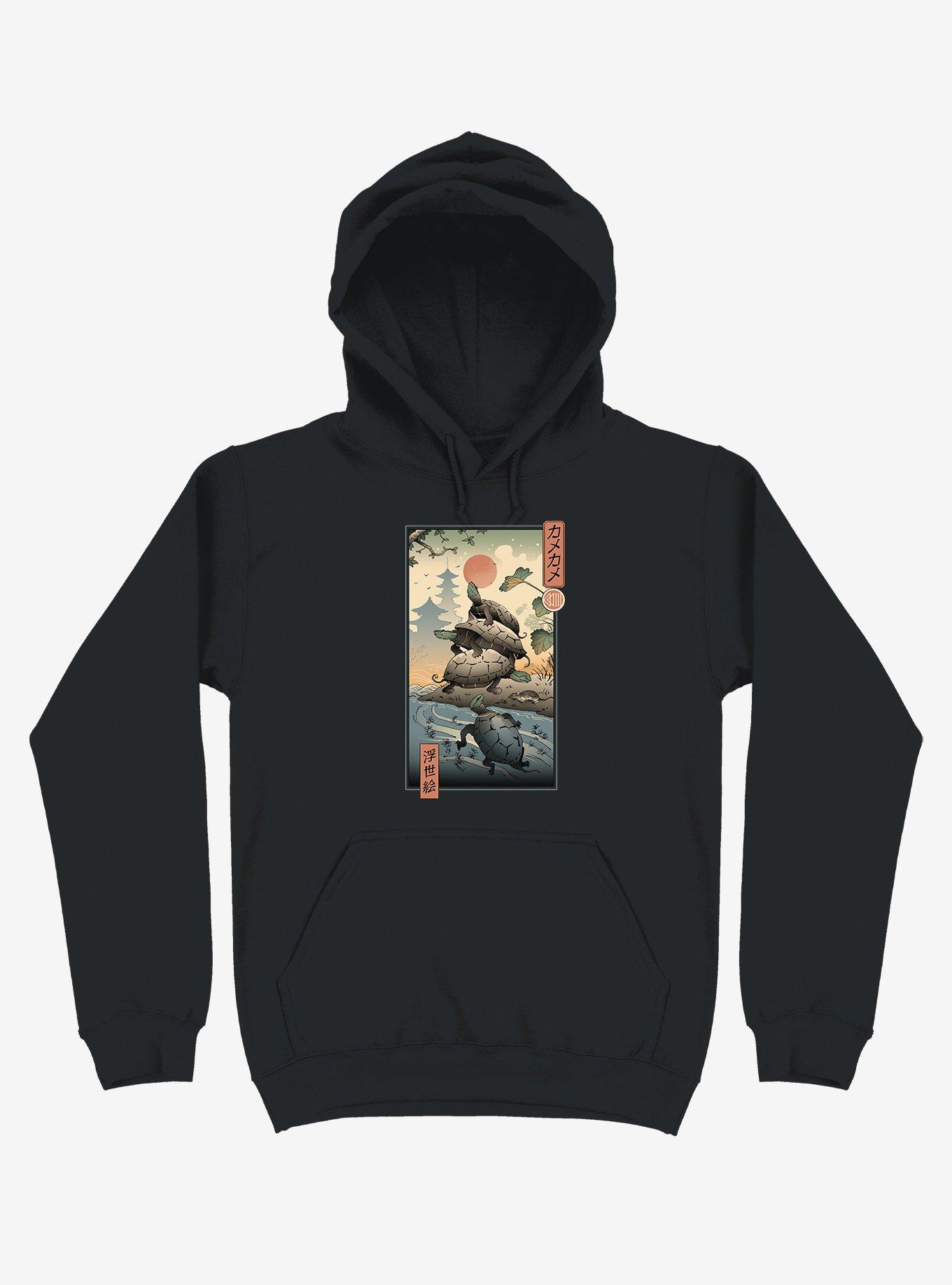 Turtle Stream Kame Kame Ukiyo-e Black Hoodie, BLACK, hi-res