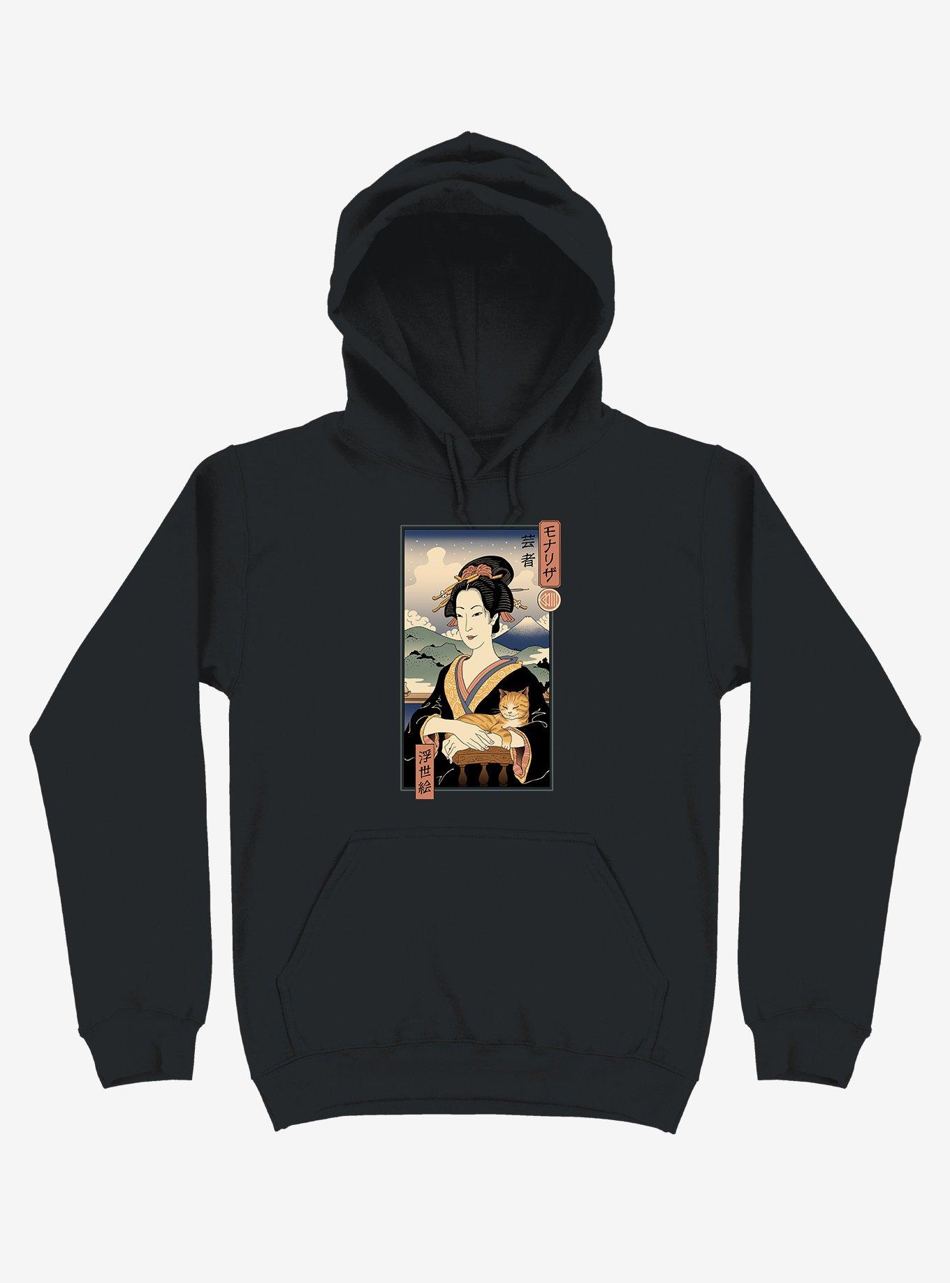 Geisha Cat Lisa Ukiyo-e Black Hoodie, BLACK, hi-res