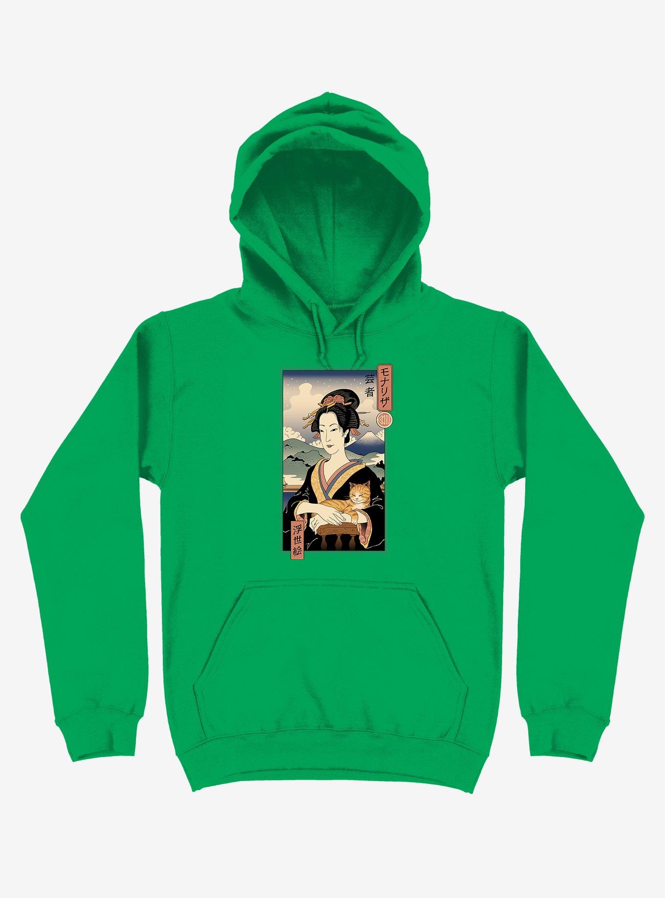 Geisha Cat Lisa Ukiyo-e Kelly Green Hoodie, KELLY GREEN, hi-res