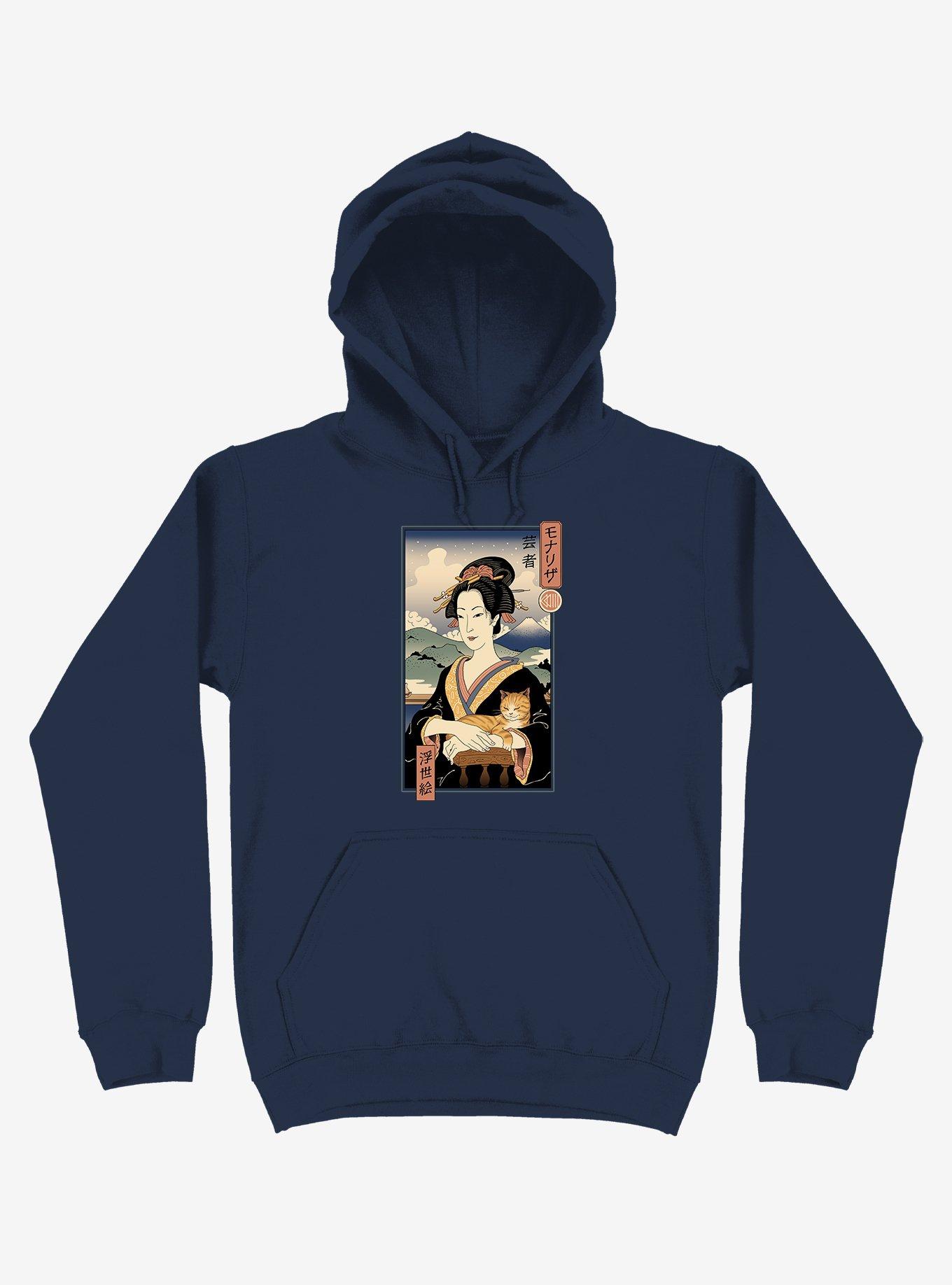 Geisha Cat Lisa Ukiyo-e Navy Blue Hoodie, NAVY, hi-res