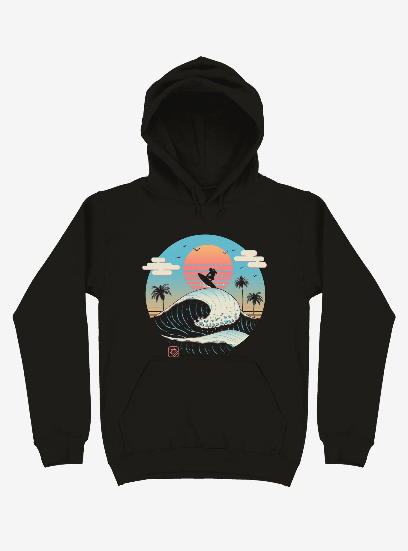 Surfing Waves Summer Vibes Black Hoodie, , hi-res