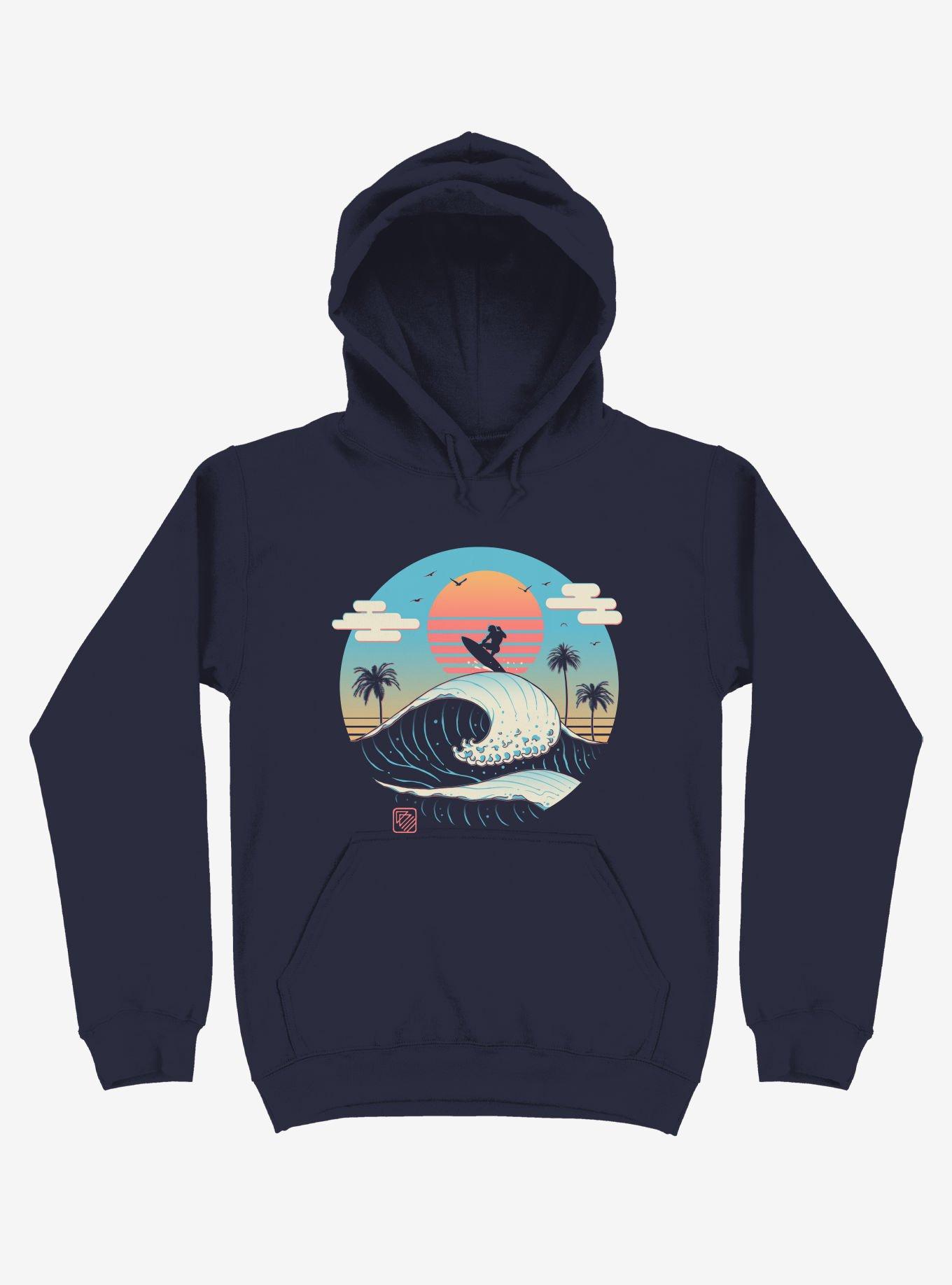 Surfing Waves Summer Vibes Navy Blue Hoodie, NAVY, hi-res