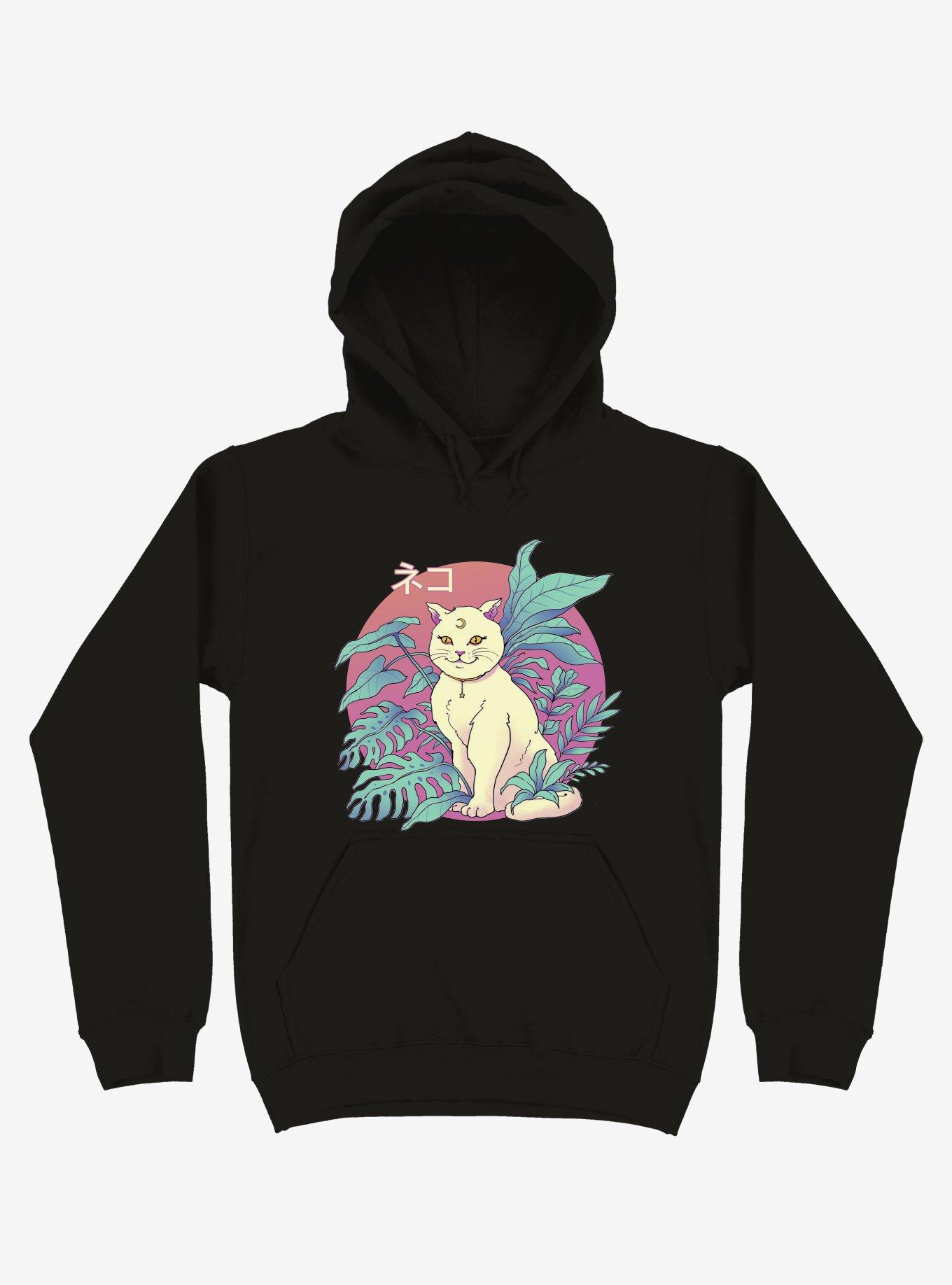 Leaves Vapor Cat Black Hoodie, BLACK, hi-res