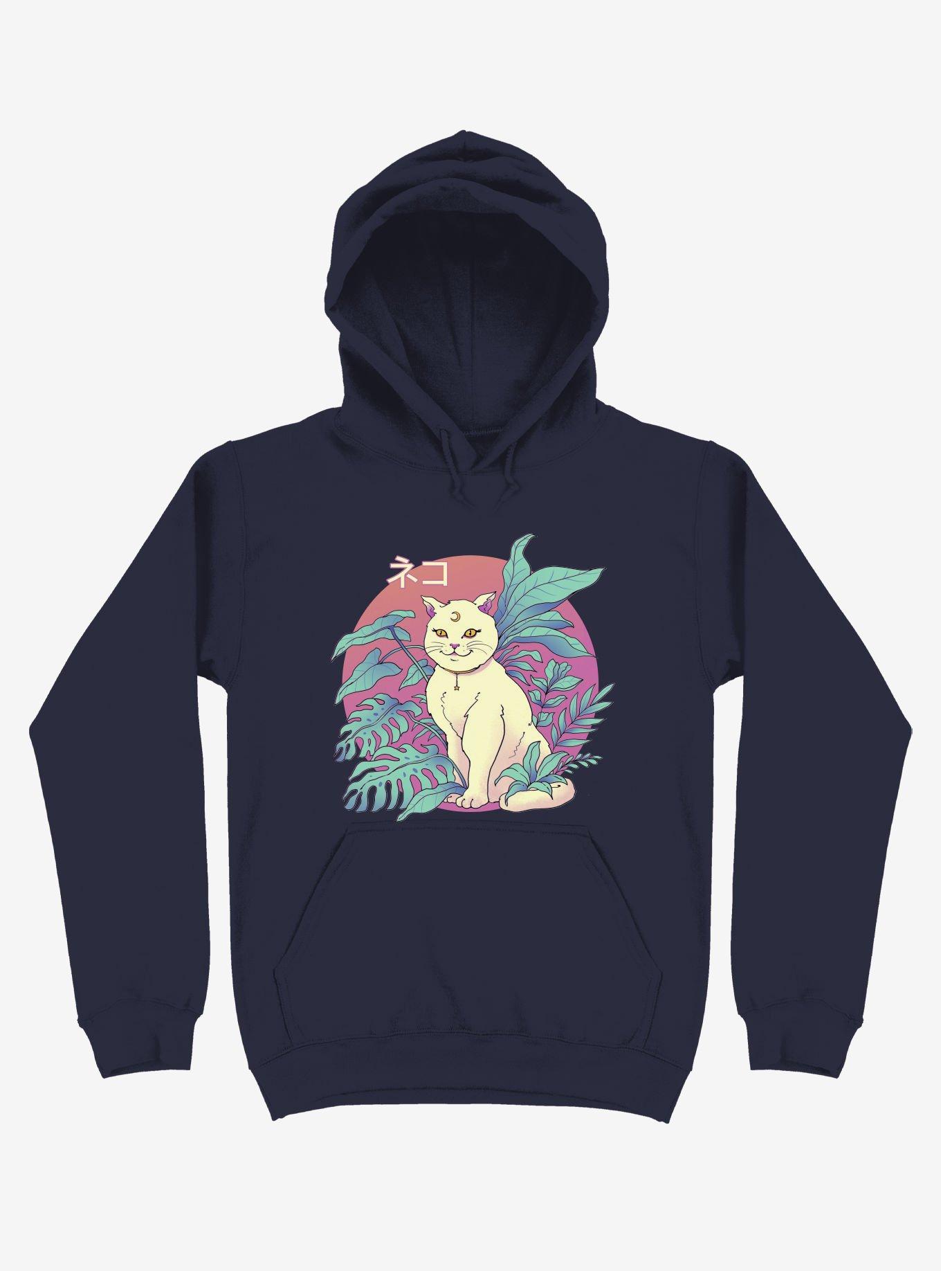 Leaves Vapor Cat Navy Blue Hoodie