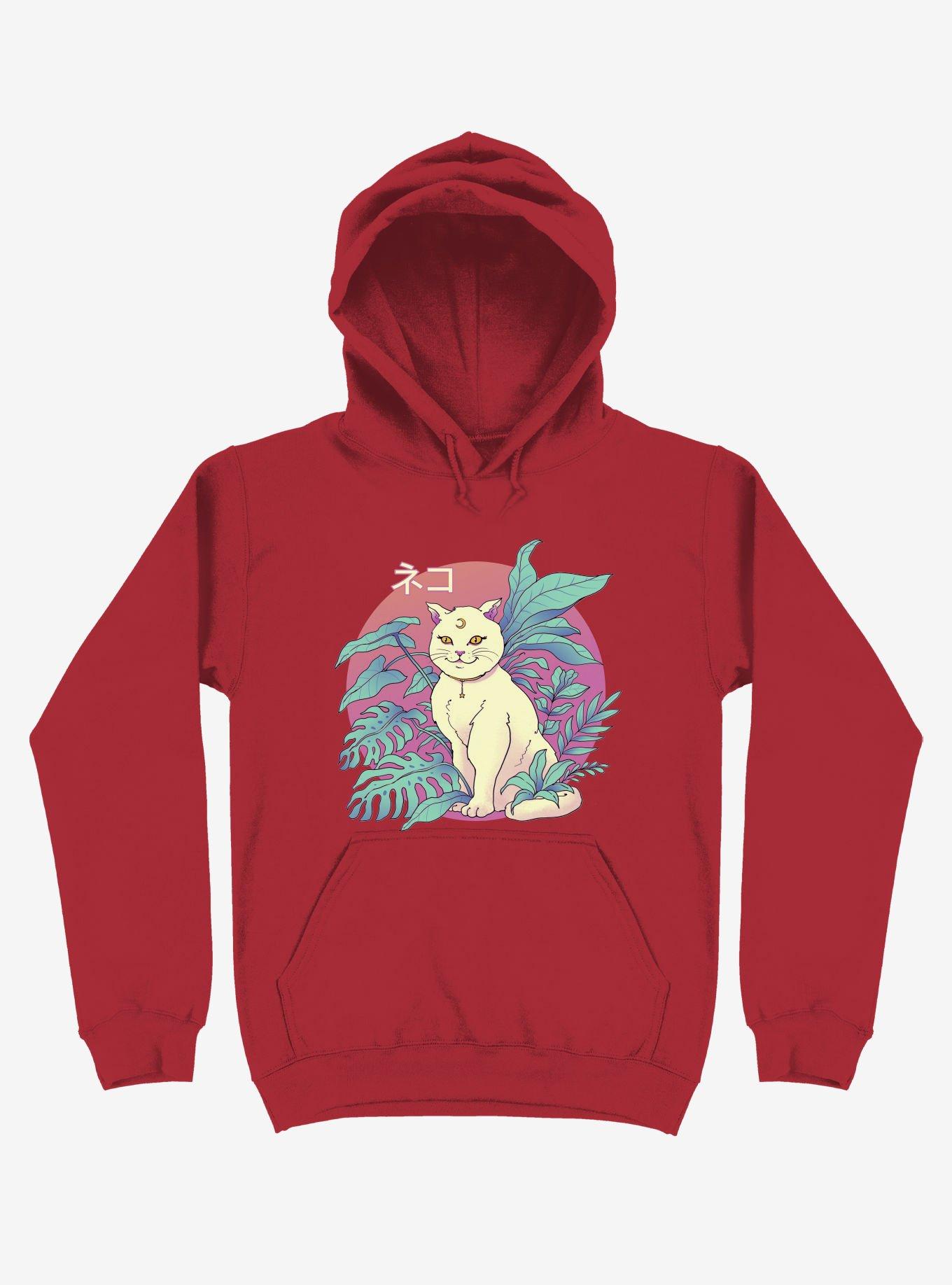 Leaves Vapor Cat Red Hoodie, RED, hi-res