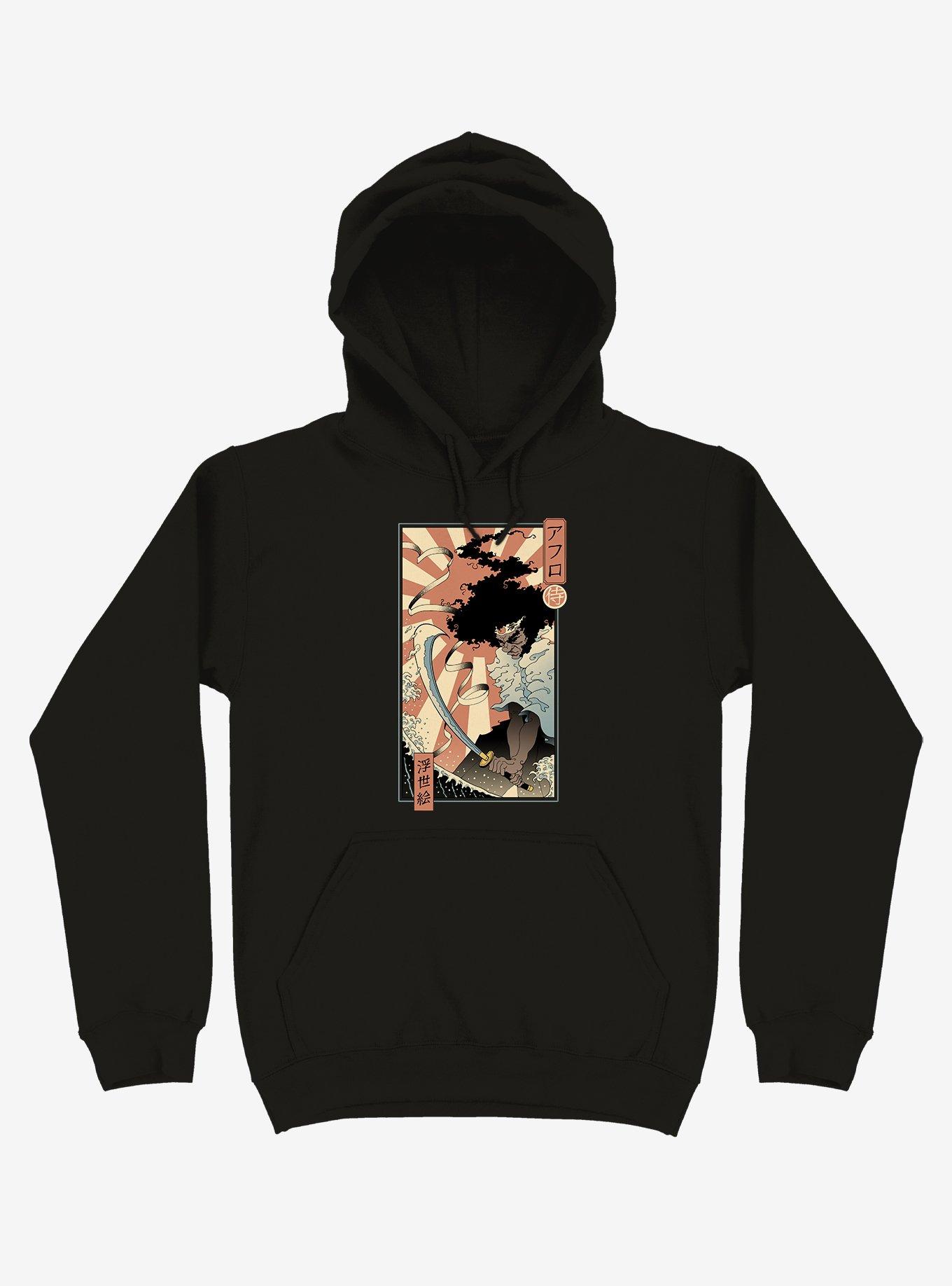 Samurai Sword Ocean Ukiyo-e Black Hoodie, BLACK, hi-res