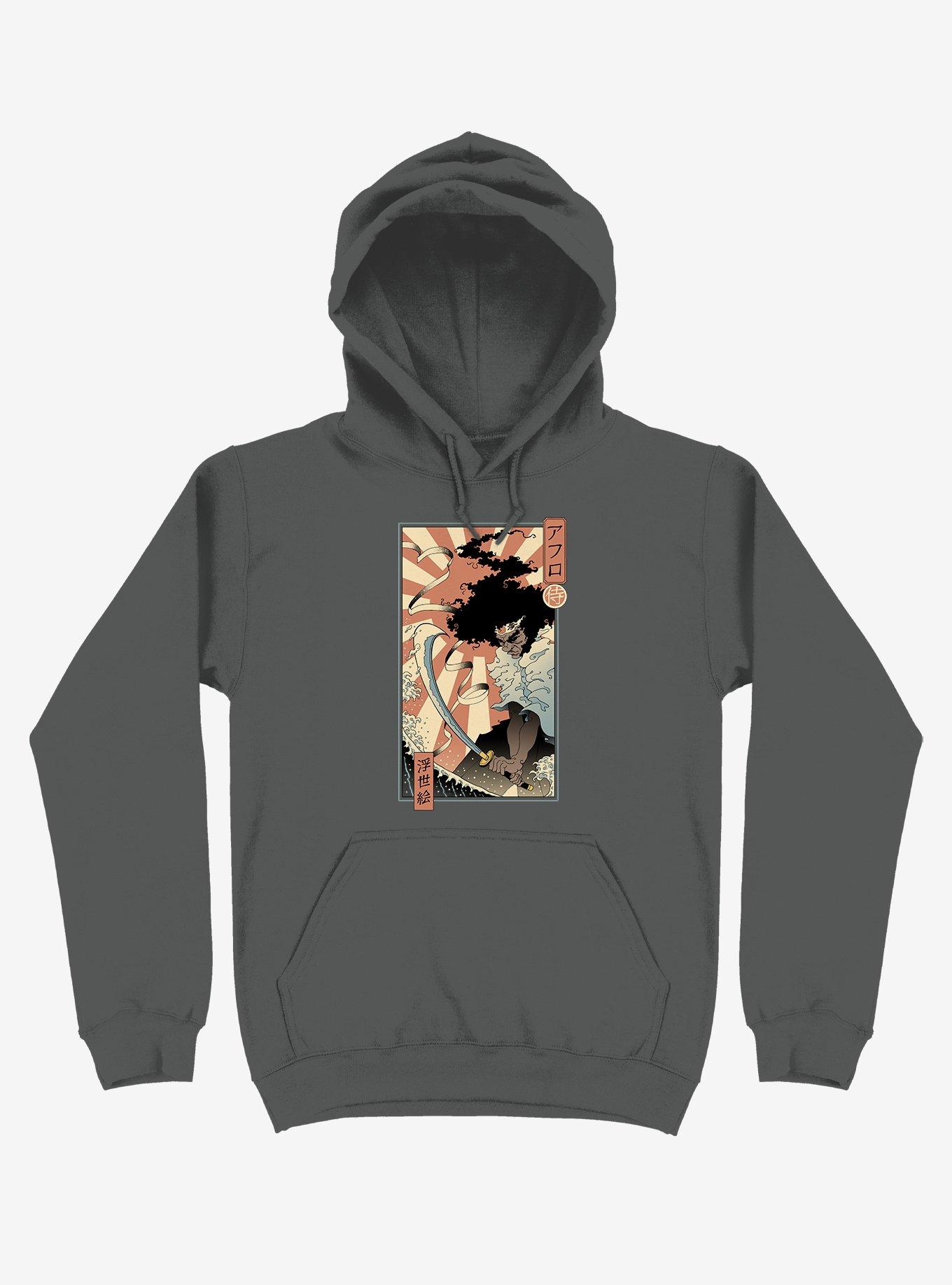 Samurai Sword Ocean Ukiyo-e Asphalt Grey Hoodie, ASPHALT, hi-res