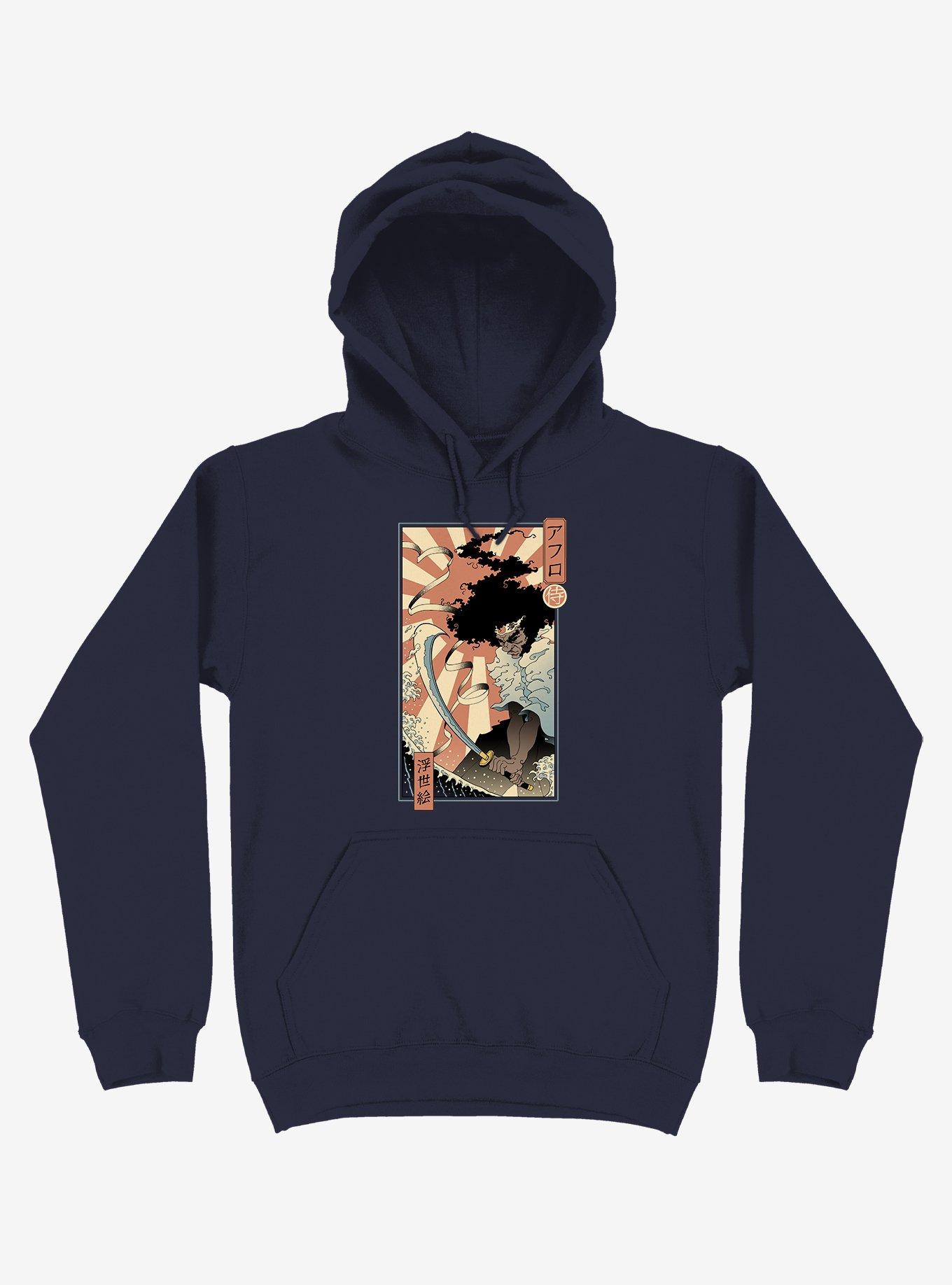 Samurai Sword Ocean Ukiyo-e Navy Blue Hoodie, , hi-res