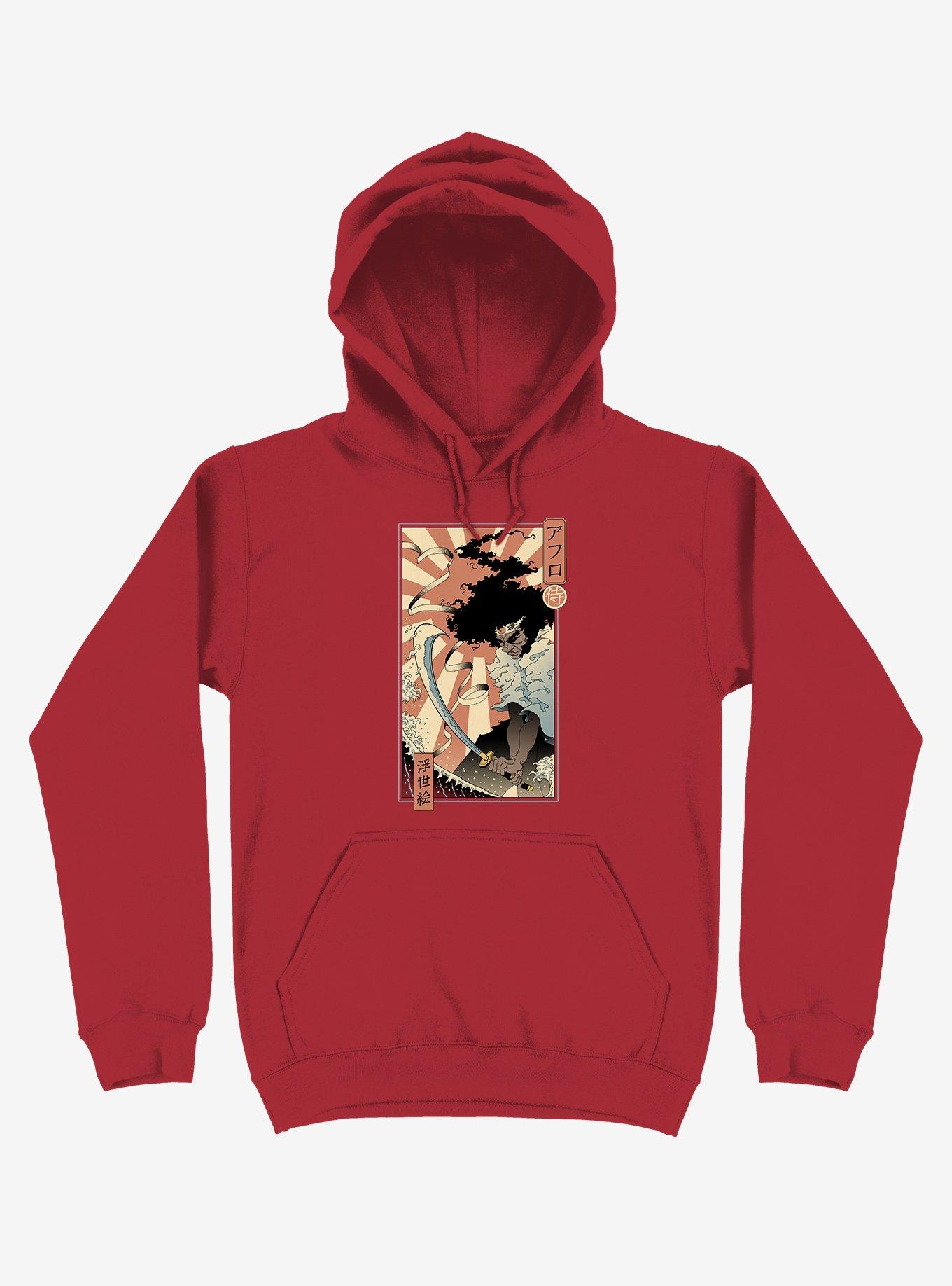 Samurai Sword Ocean Ukiyo-e Red Hoodie, RED, hi-res