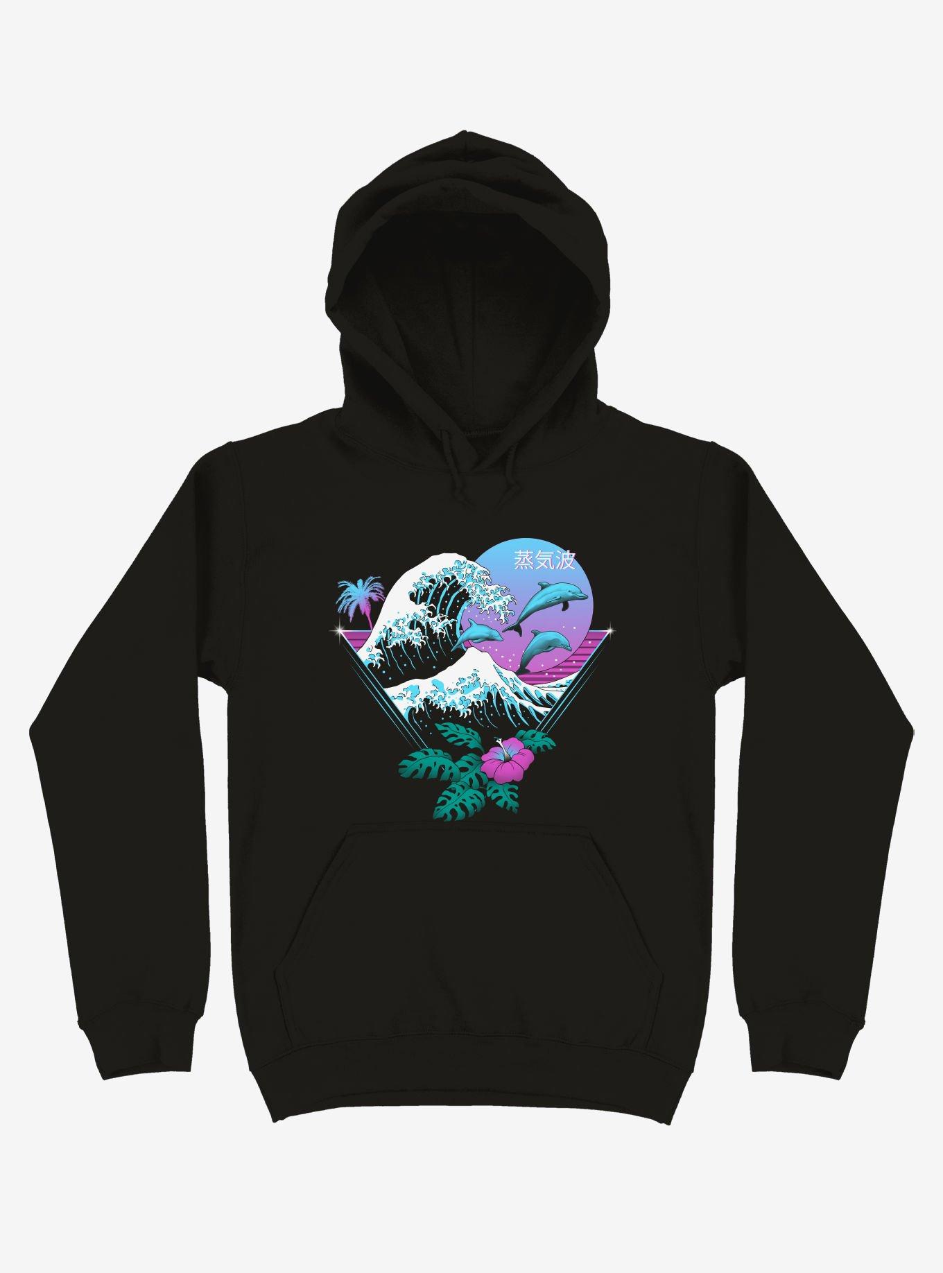 Dolphin Waves Black Hoodie, BLACK, hi-res