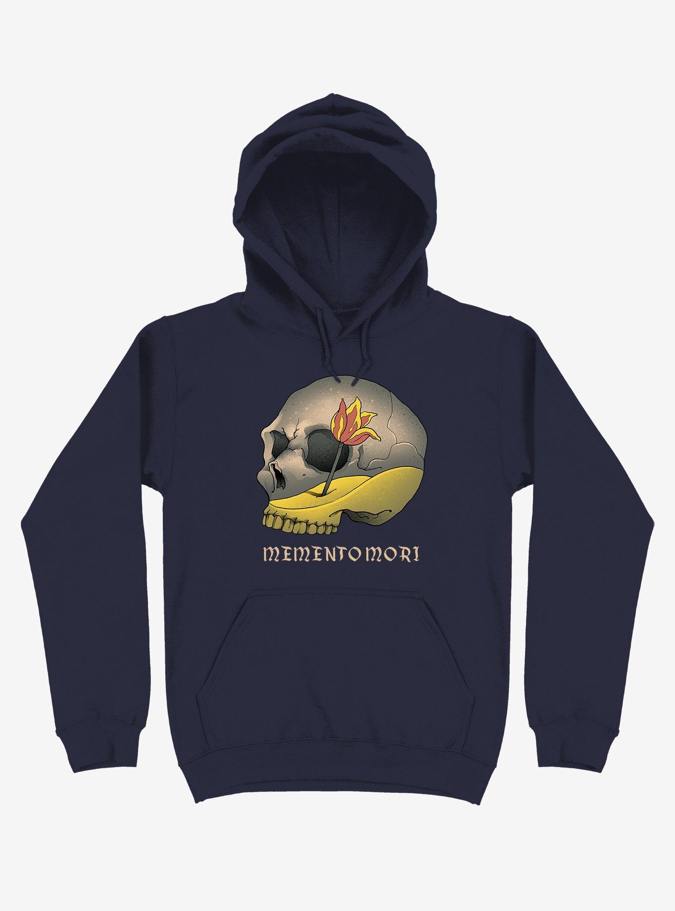 Memento Mori Flower Skull Navy Blue Hoodie, , hi-res