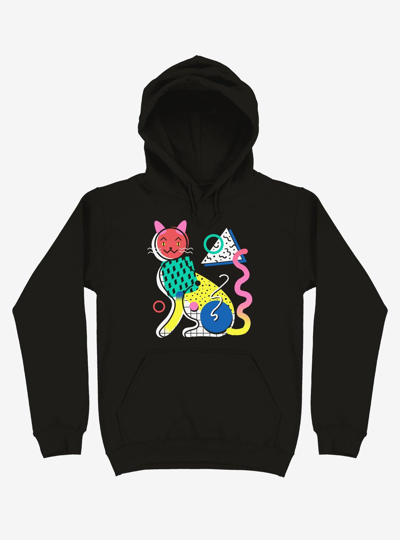 Memphis Cat Design Black Hoodie, , hi-res
