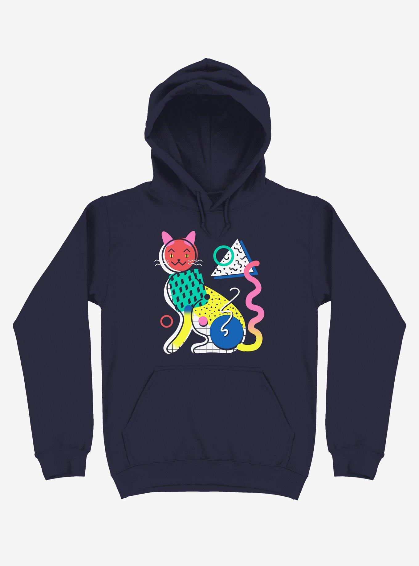 Memphis Cat Design Navy Blue Hoodie, NAVY, hi-res